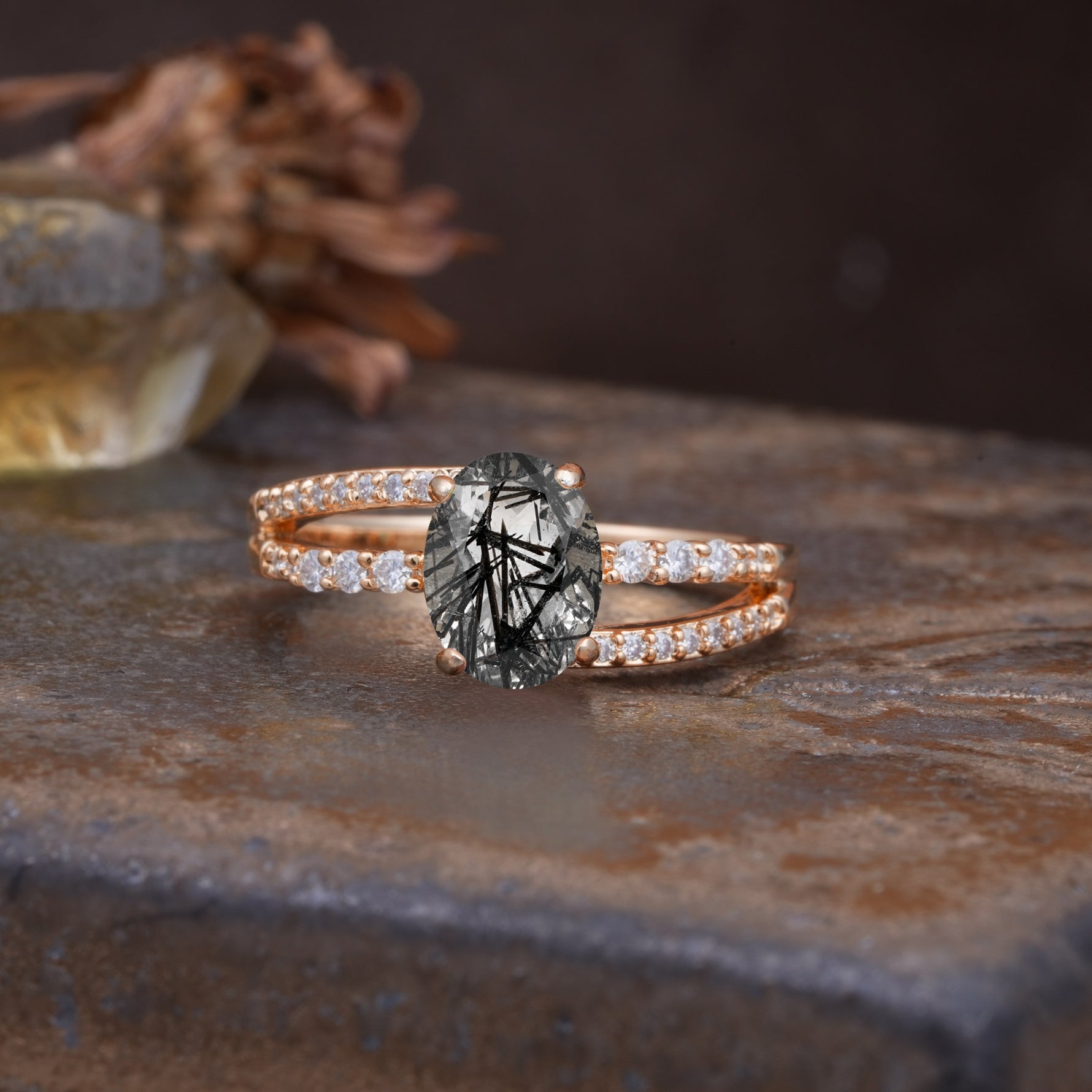 Unique, Classic, Rotating 4-Prong Oval Cut Black Rutilated Quartz Engagement Ring - Additional view