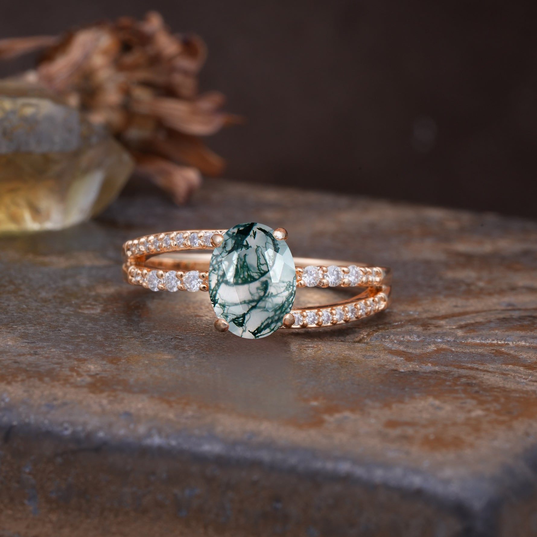 Unique, Classic, Rotating 4-Prong Oval Cut Moss Agate Engagement Ring - Additional view