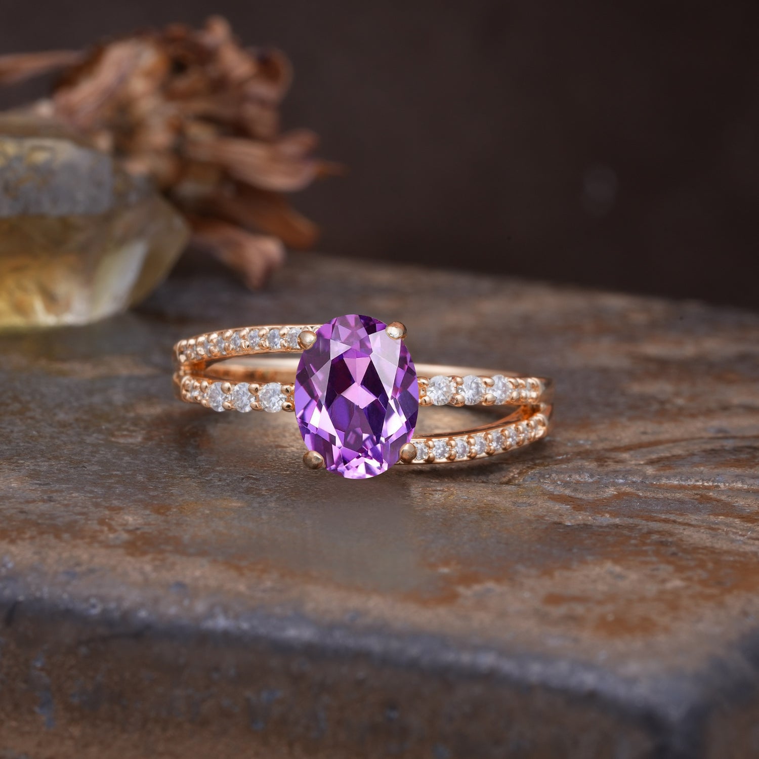 Unique, Classic, Rotating 4-Prong Oval Cut Amethyst Engagement Ring - Additional view