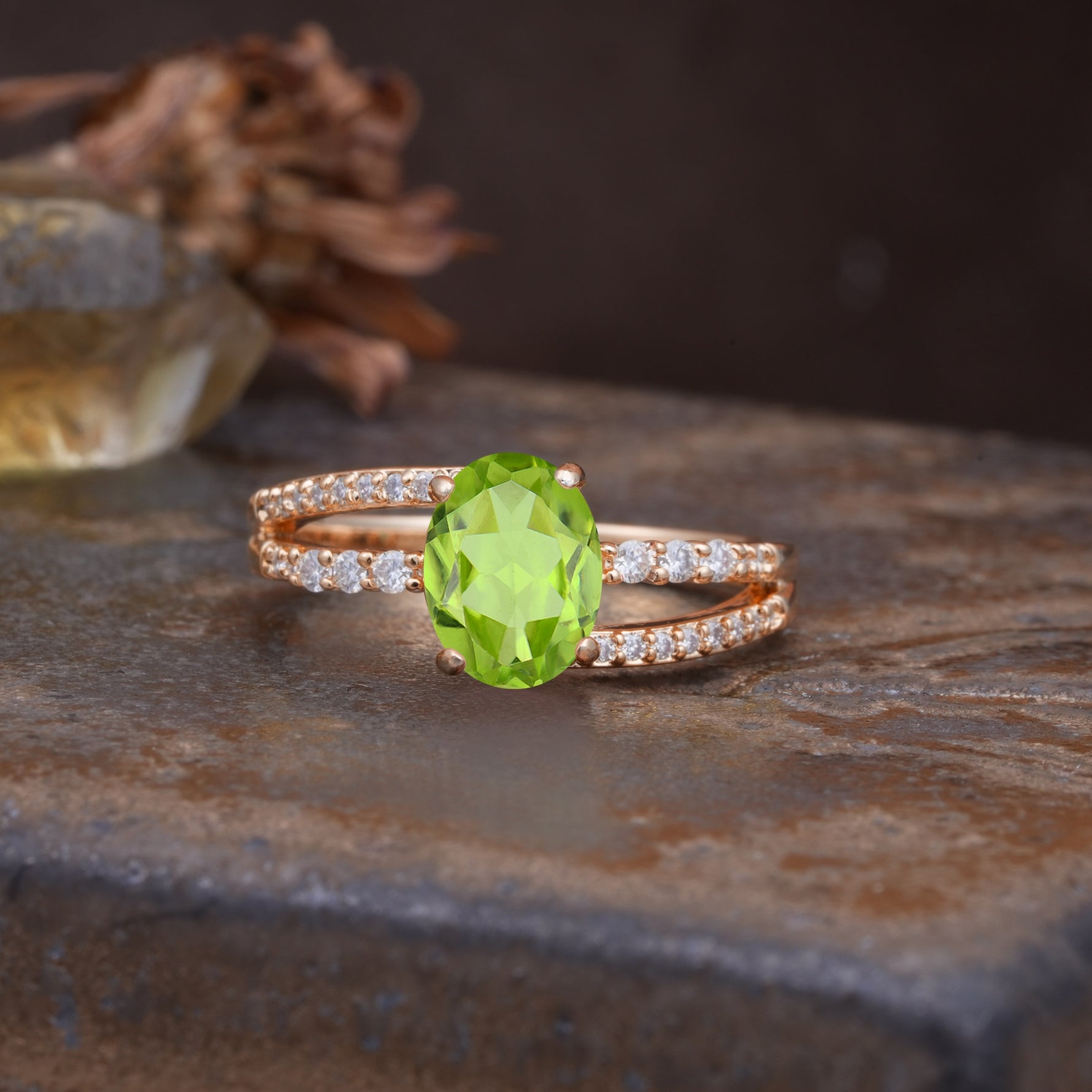 Unique, Classic, Rotating 4-Prong Oval Cut Peridot Engagement Ring - Additional view