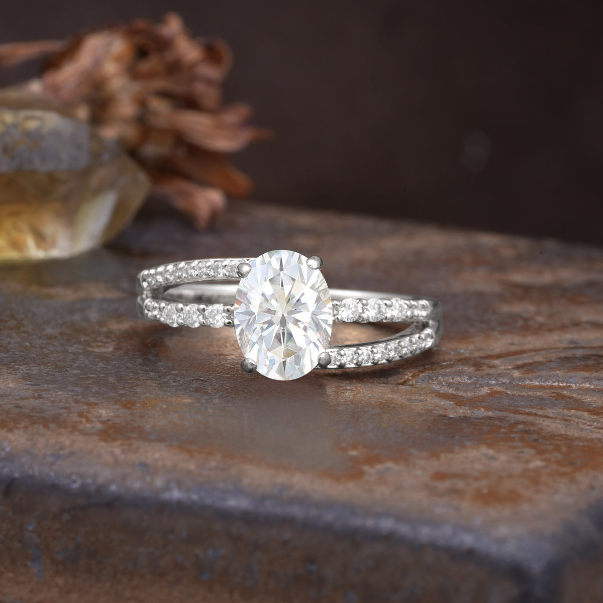 Unique, Classic, Rotating 4-Prong Oval Cut Moissanite Engagement Ring - Additional view
