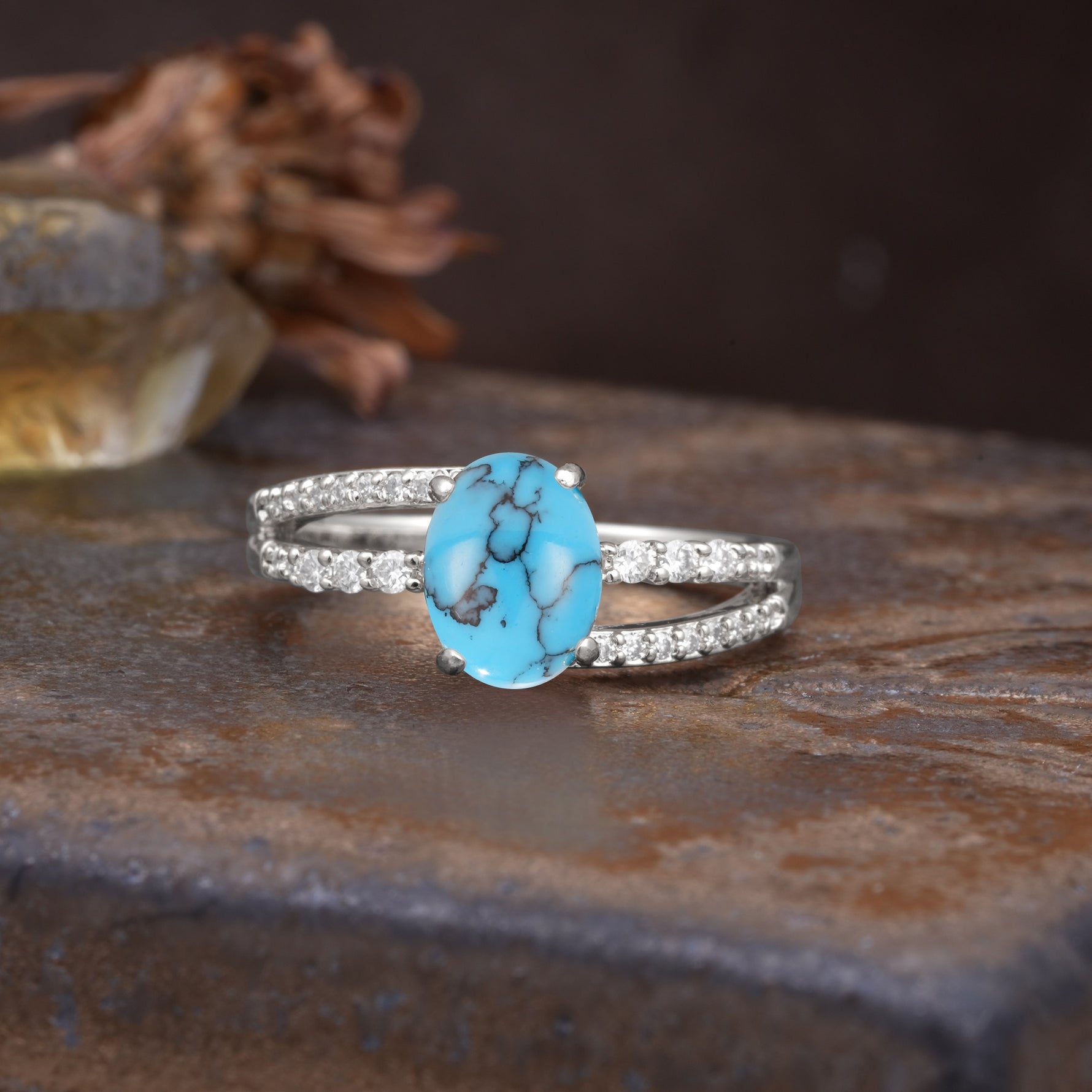 Unique, Classic, Rotating 4-Prong Oval Cut Turquoise Engagement Ring - Additional view