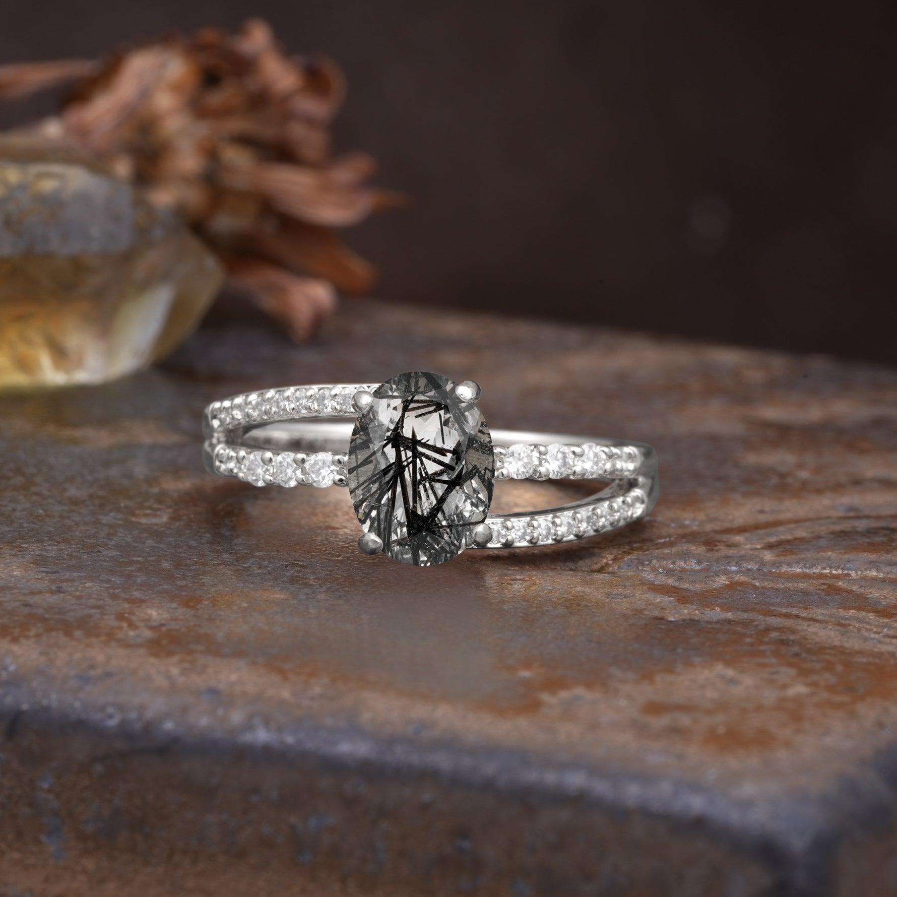 Unique, Classic, Rotating 4-Prong Oval Cut Black Rutilated Quartz Engagement Ring - Additional view