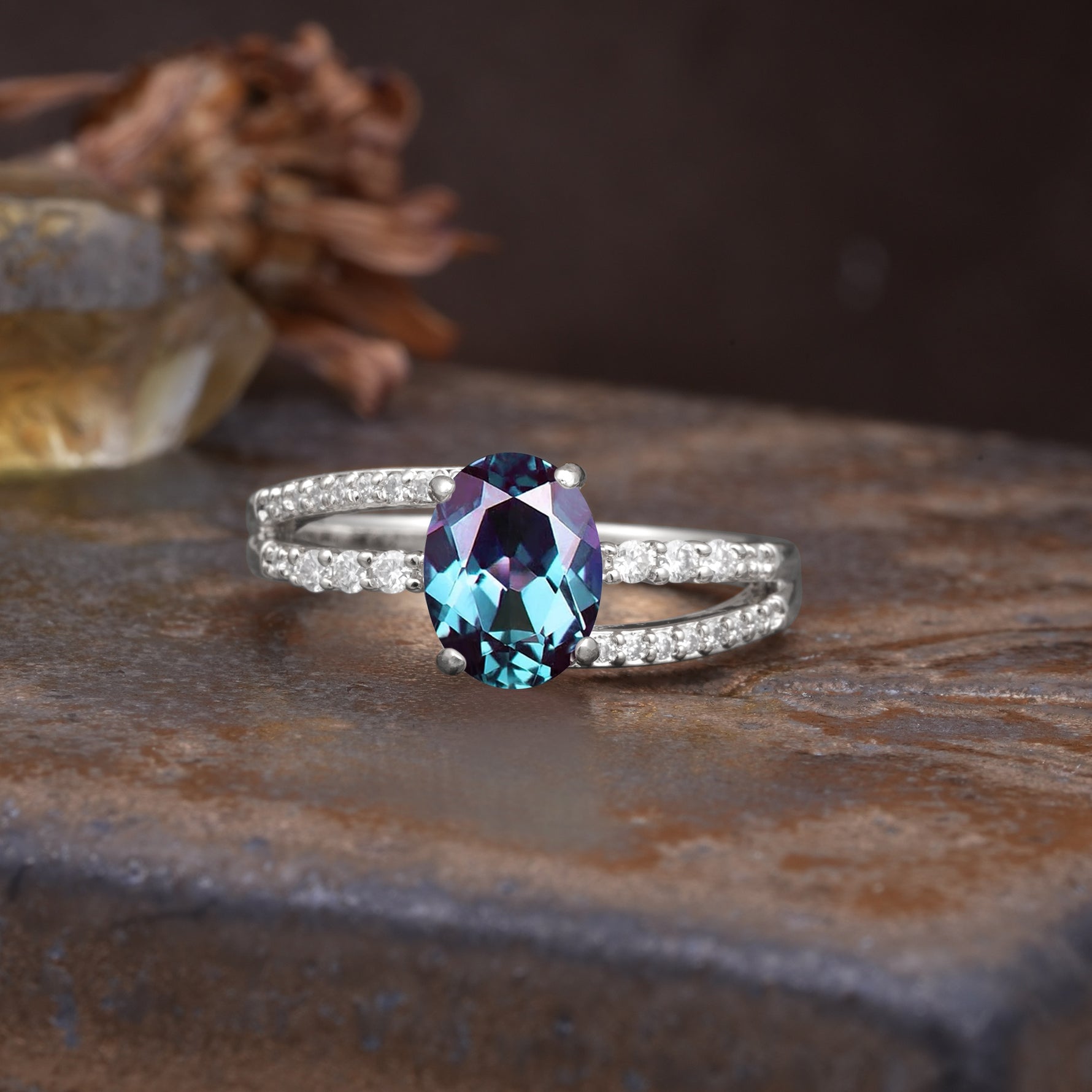 Unique, Classic, Rotating 4-Prong Oval Cut Alexandrite Engagement Ring - Additional view