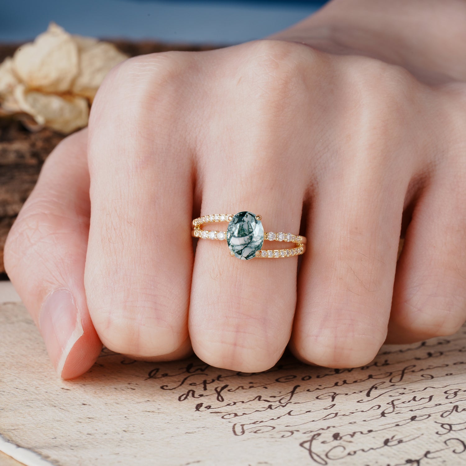 Unique, Classic, Rotating 4-Prong Oval Cut Moss Agate Engagement Ring