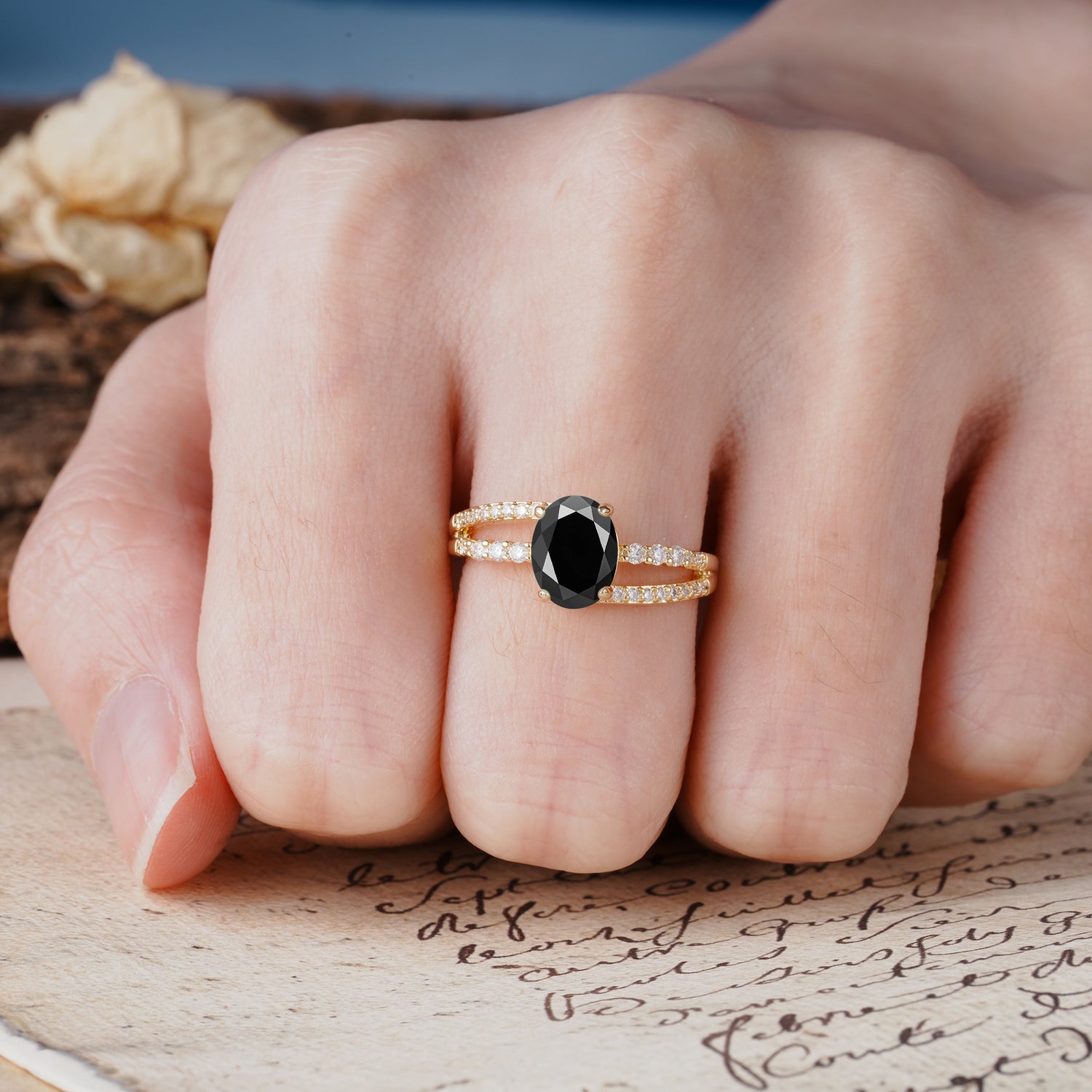 Unique, Classic, Rotating 4-Prong Oval Cut Black Onyx Engagement Ring
