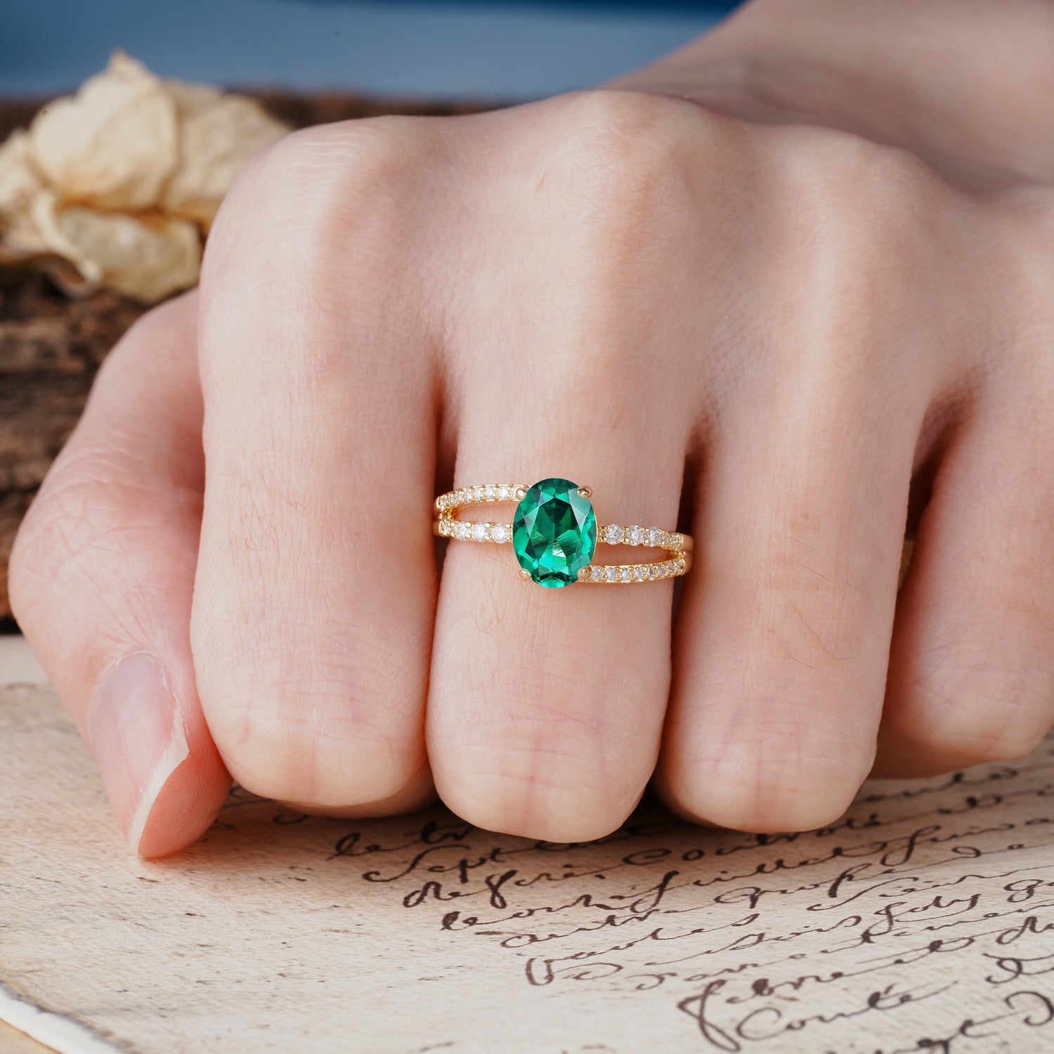 Unique, Classic, Rotating 4-Prong Oval Cut Emerald Engagement Ring
