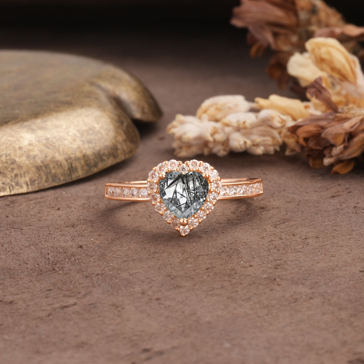 Unique and Classic 3-Prong Heart Cut Black Rutilated Quartz Engagement Ring - Additional view
