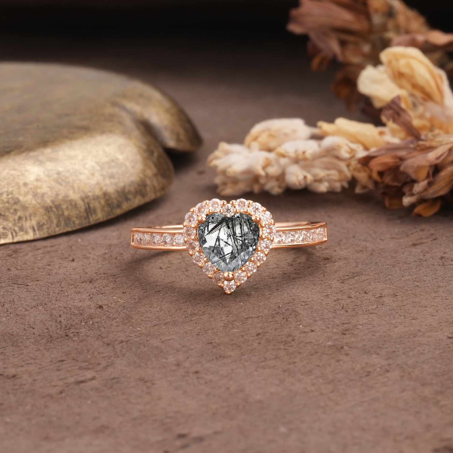 Unique and Classic 3-Prong Heart Cut Black Rutilated Quartz Engagement Ring - Additional view