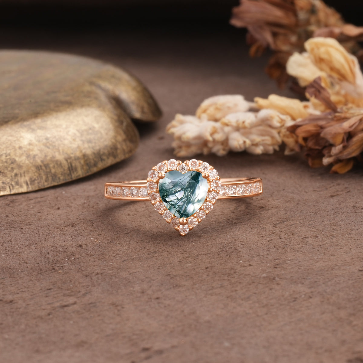 Unique and Classic 3-Prong Heart Cut Moss Agate Engagement Ring - Additional view