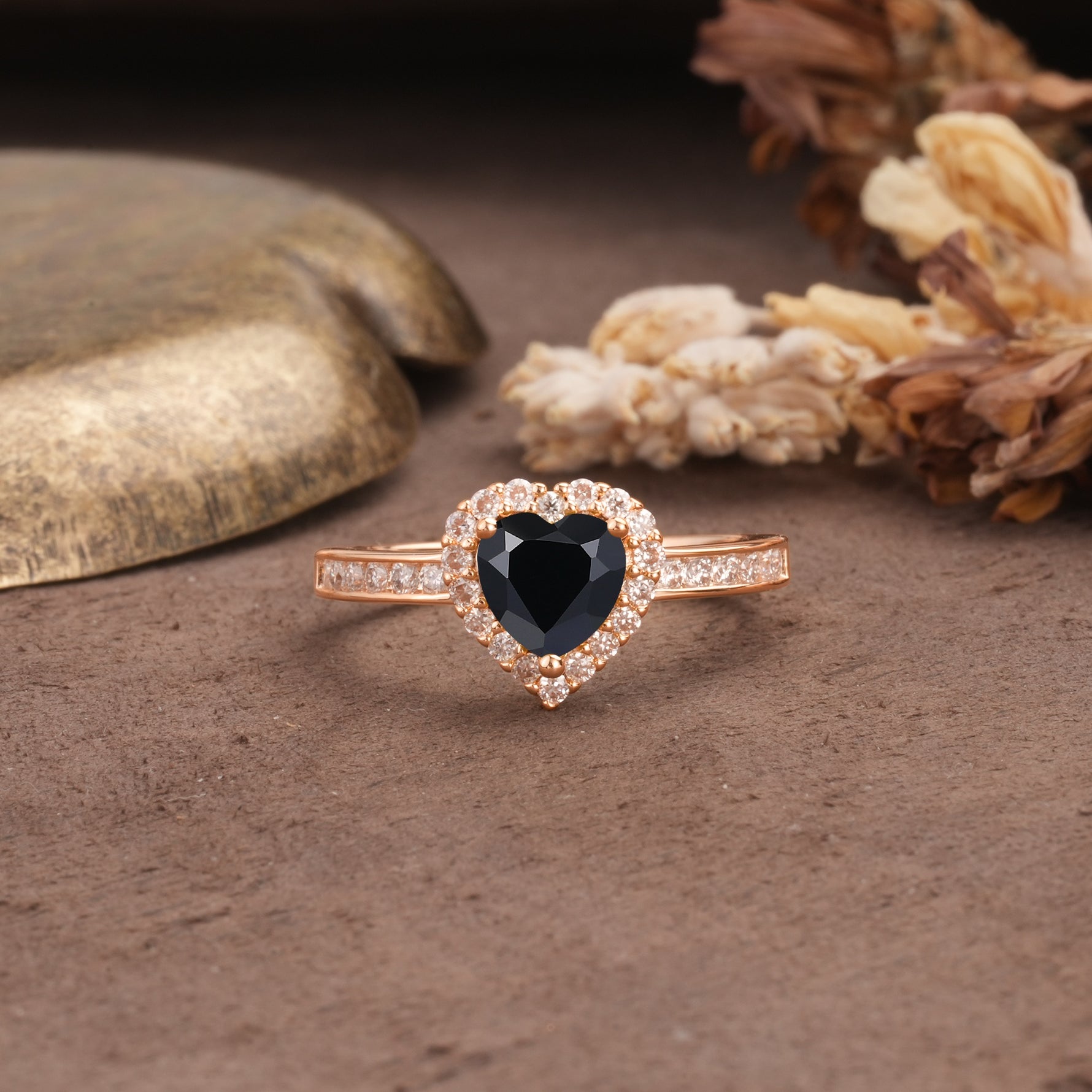Unique and Classic 3-Prong Heart Cut Black Onyx Engagement Ring - Additional view