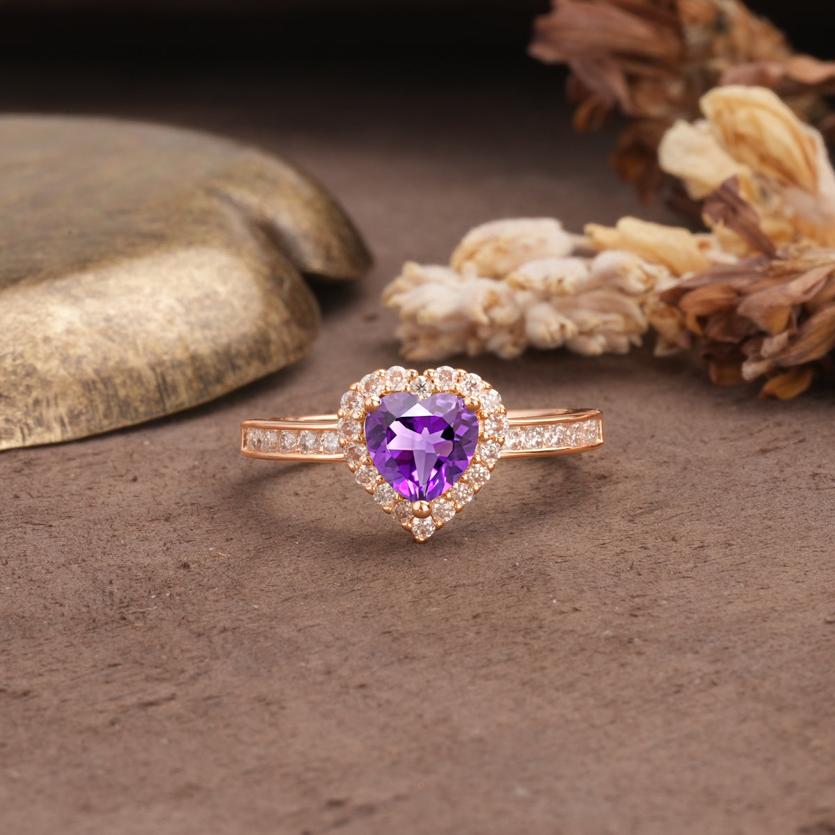 Unique and Classic 3-Prong Heart Cut Amethyst Engagement Ring - Additional view