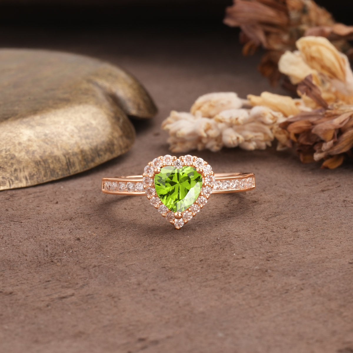 Unique and Classic 3-Prong Heart Cut Peridot Engagement Ring - Additional view