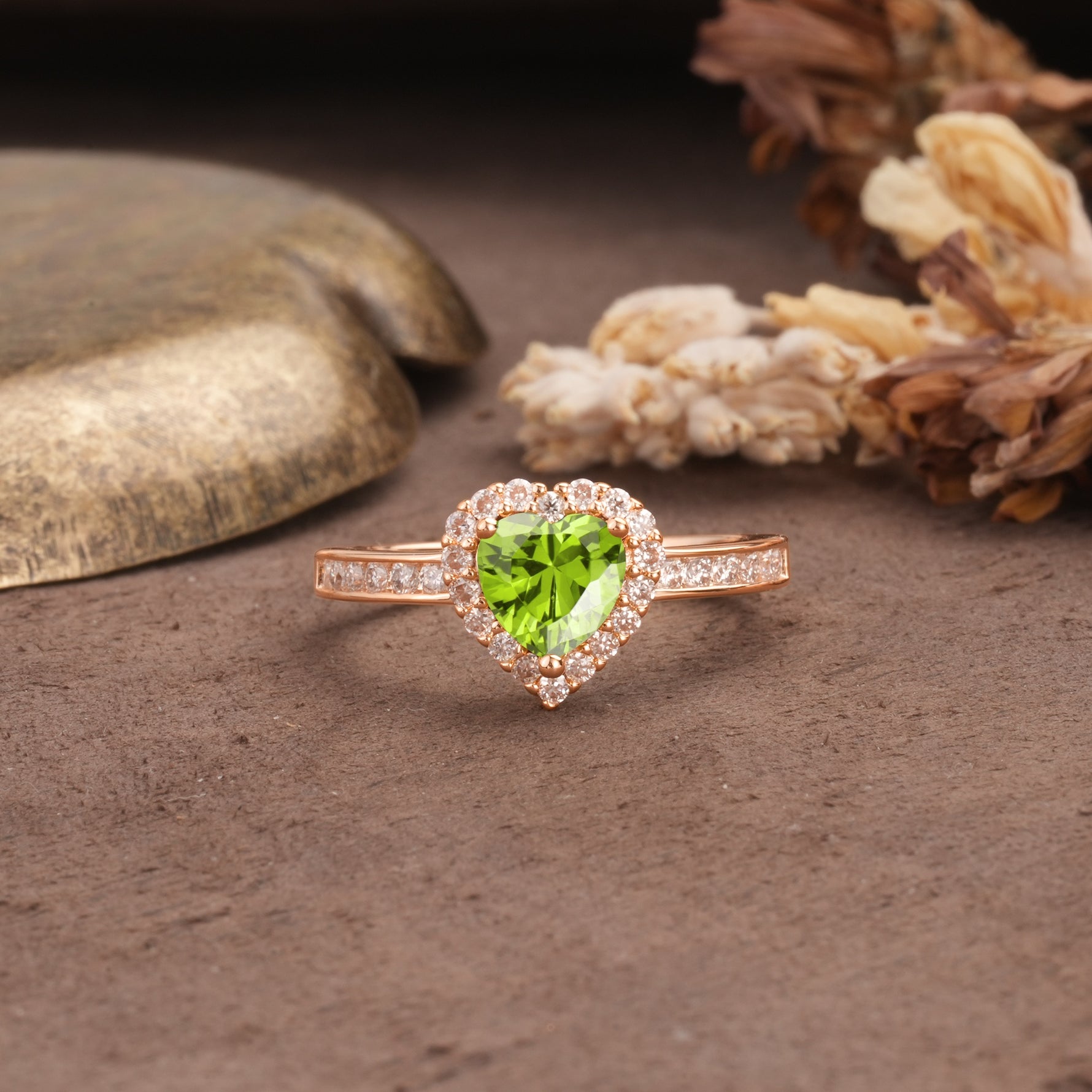 Unique and Classic 3-Prong Heart Cut Peridot Engagement Ring - Additional view
