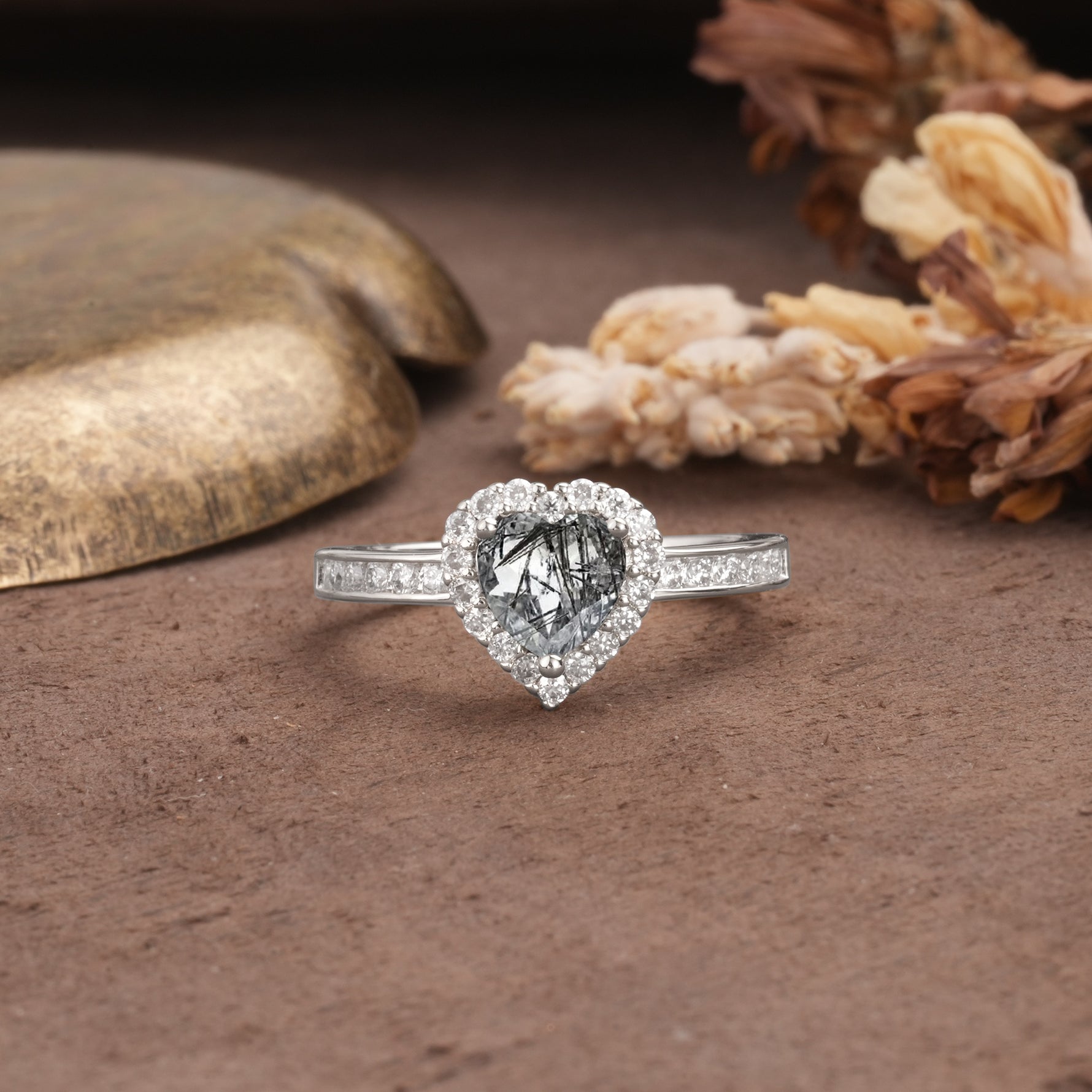 Unique and Classic 3-Prong Heart Cut Black Rutilated Quartz Engagement Ring - Additional view