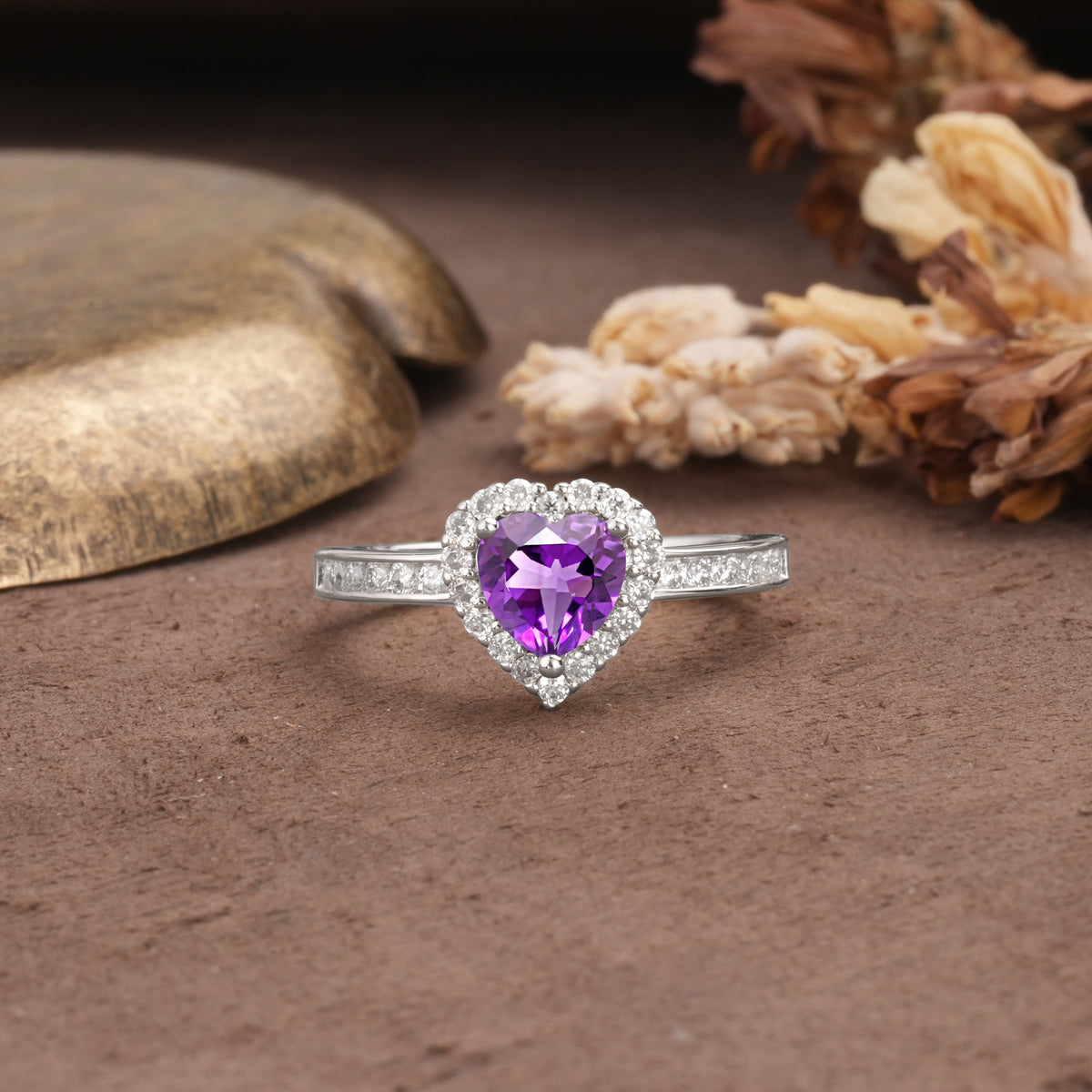 Unique and Classic 3-Prong Heart Cut Amethyst Engagement Ring - Additional view