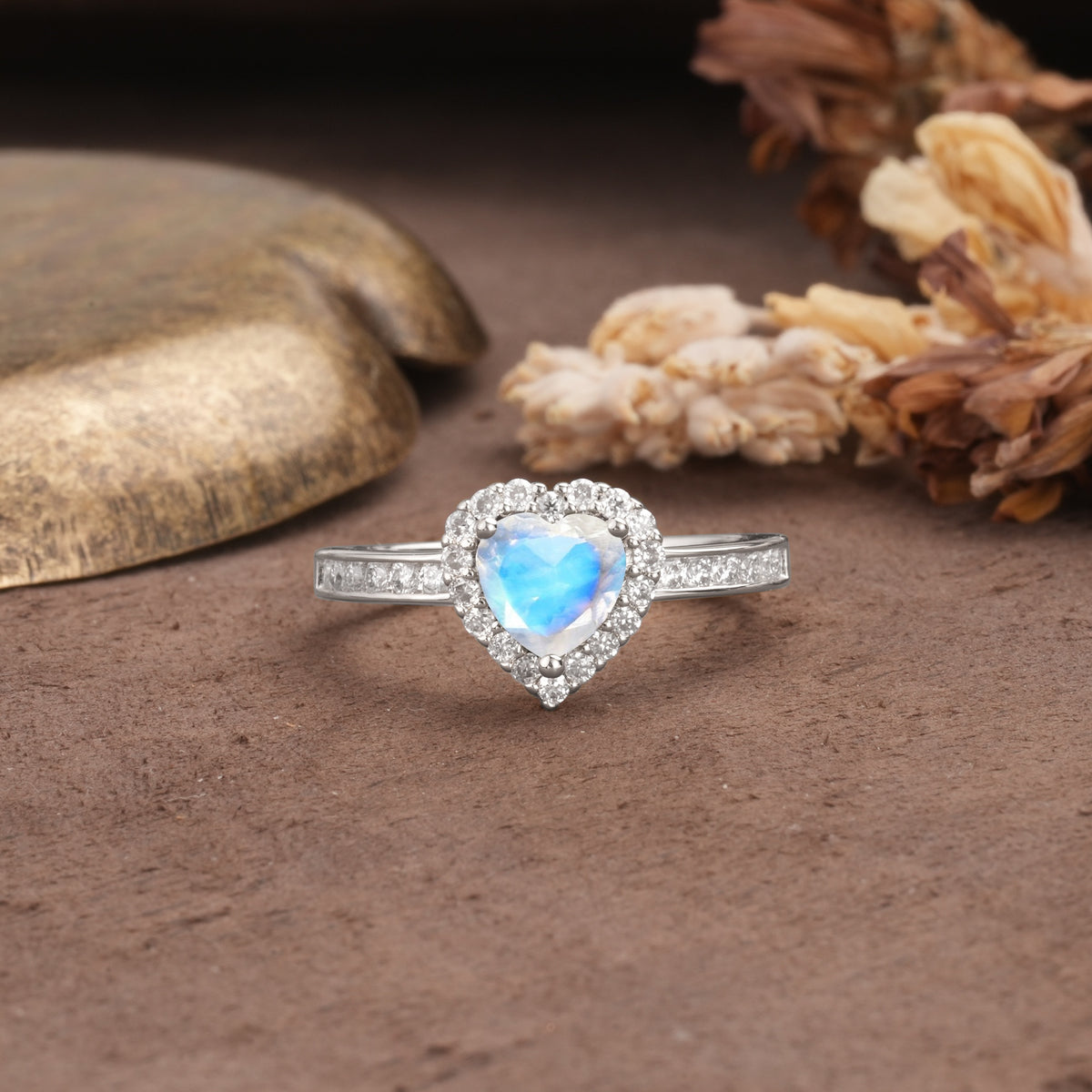 Unique and Classic 3-Prong Heart Cut Moonstone Engagement Ring - Additional view