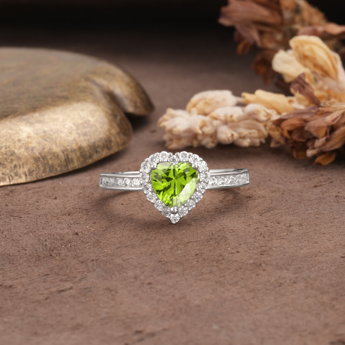 Unique and Classic 3-Prong Heart Cut Peridot Engagement Ring - Additional view