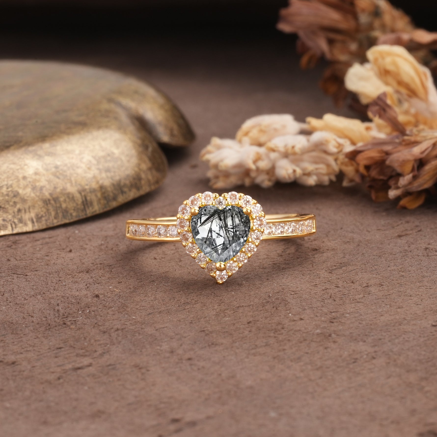 Unique and Classic 3-Prong Heart Cut Black Rutilated Quartz Engagement Ring - Additional view