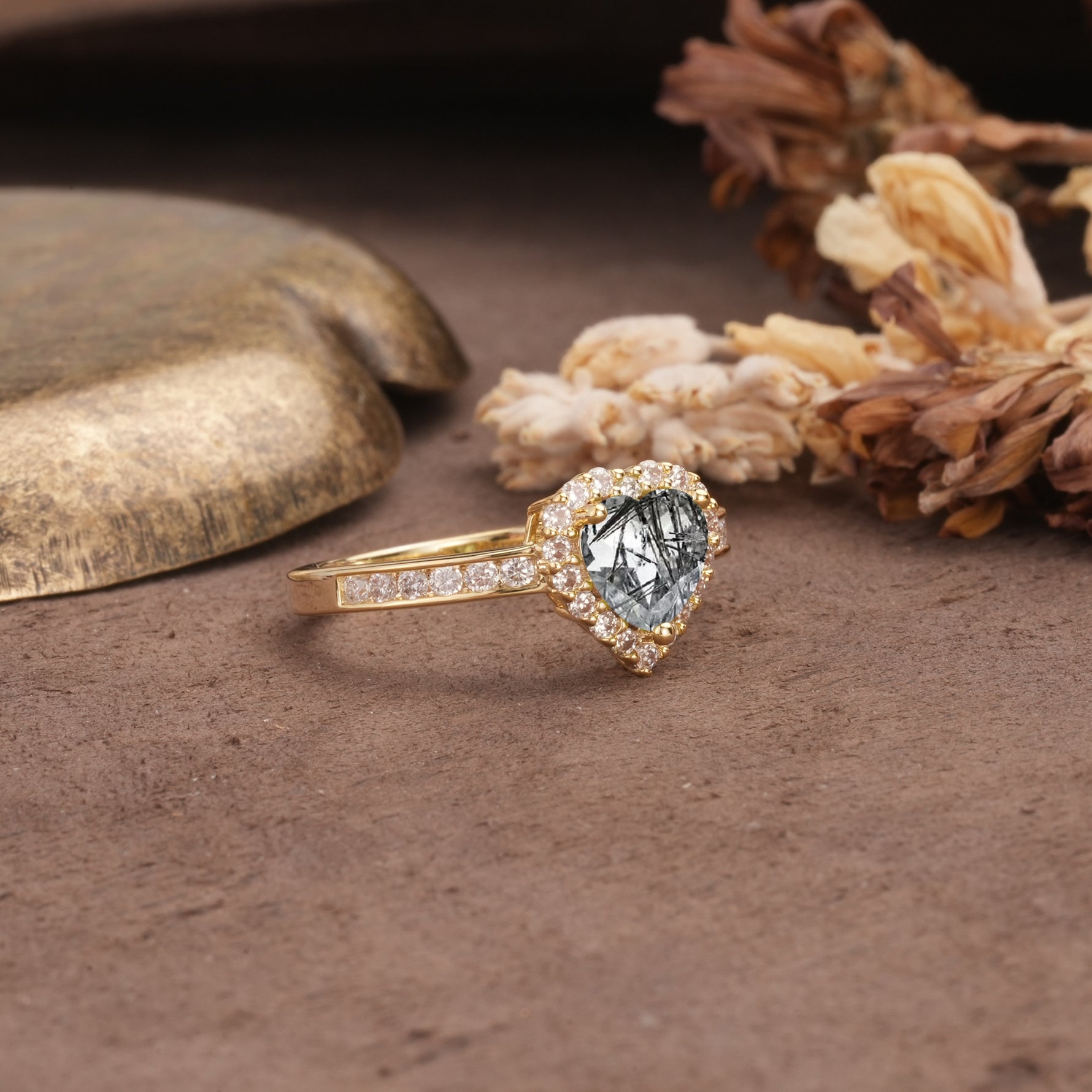 Unique and Classic 3-Prong Heart Cut Black Rutilated Quartz Engagement Ring - Additional view