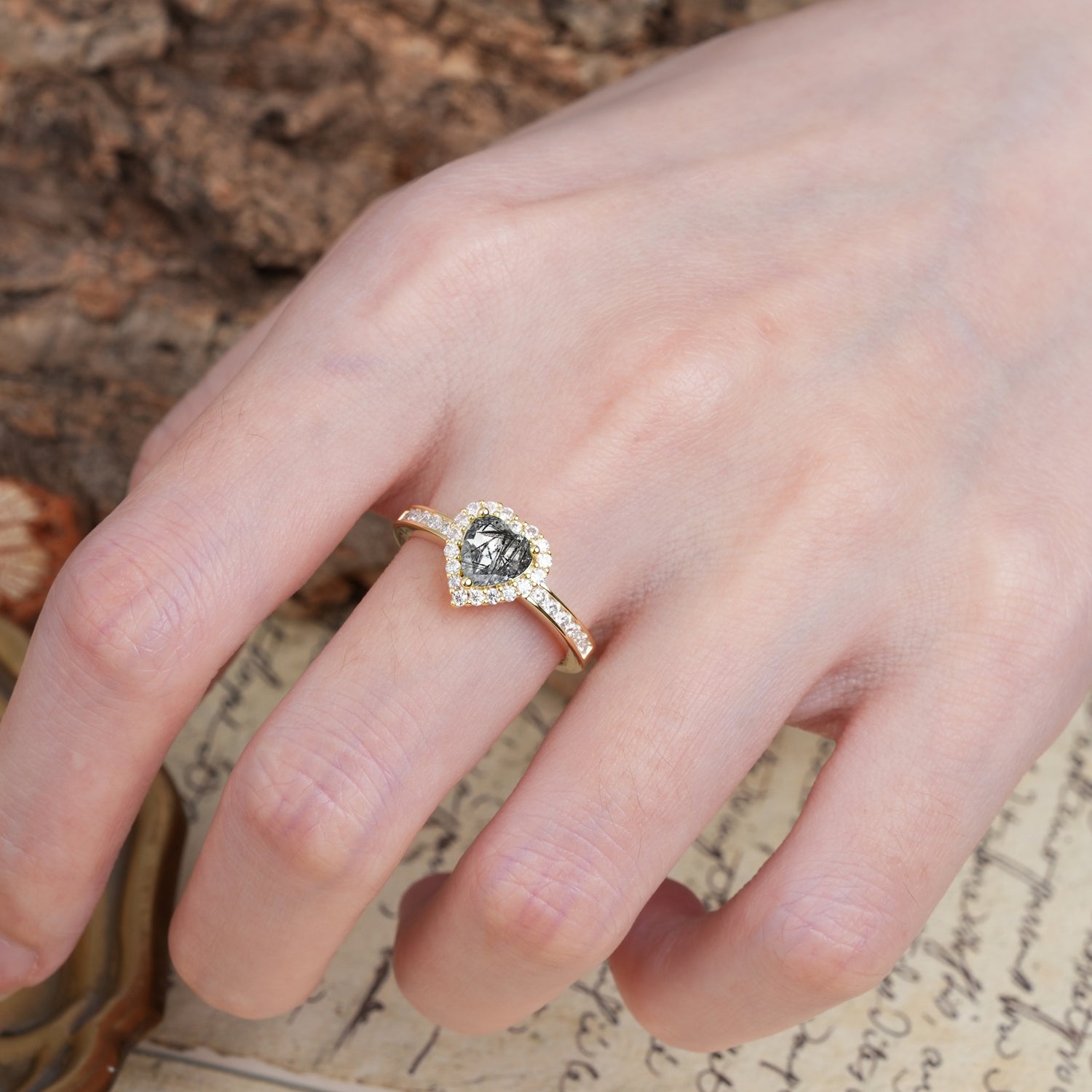 Unique and Classic 3-Prong Heart Cut Black Rutilated Quartz Engagement Ring - Additional view