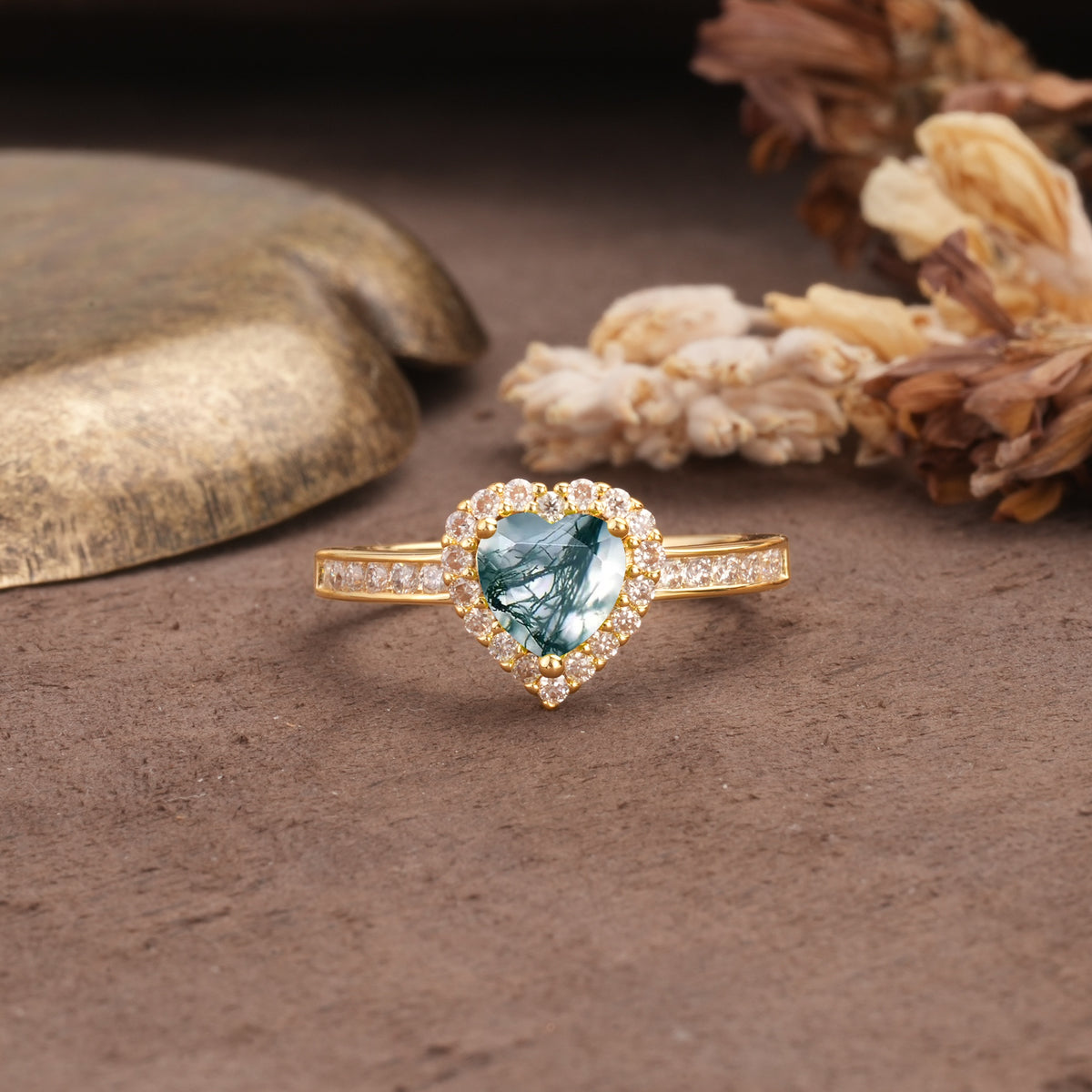 Unique and Classic 3-Prong Heart Cut Moss Agate Engagement Ring - Additional view