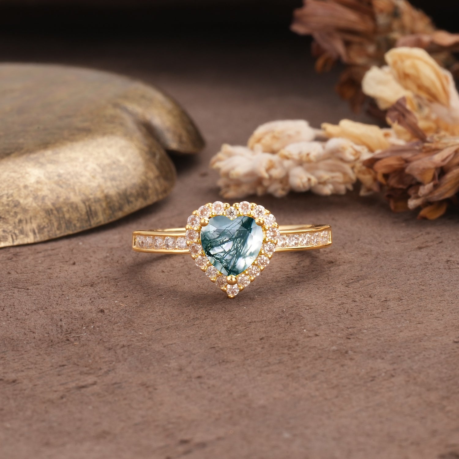 Unique and Classic 3-Prong Heart Cut Moss Agate Engagement Ring - Additional view