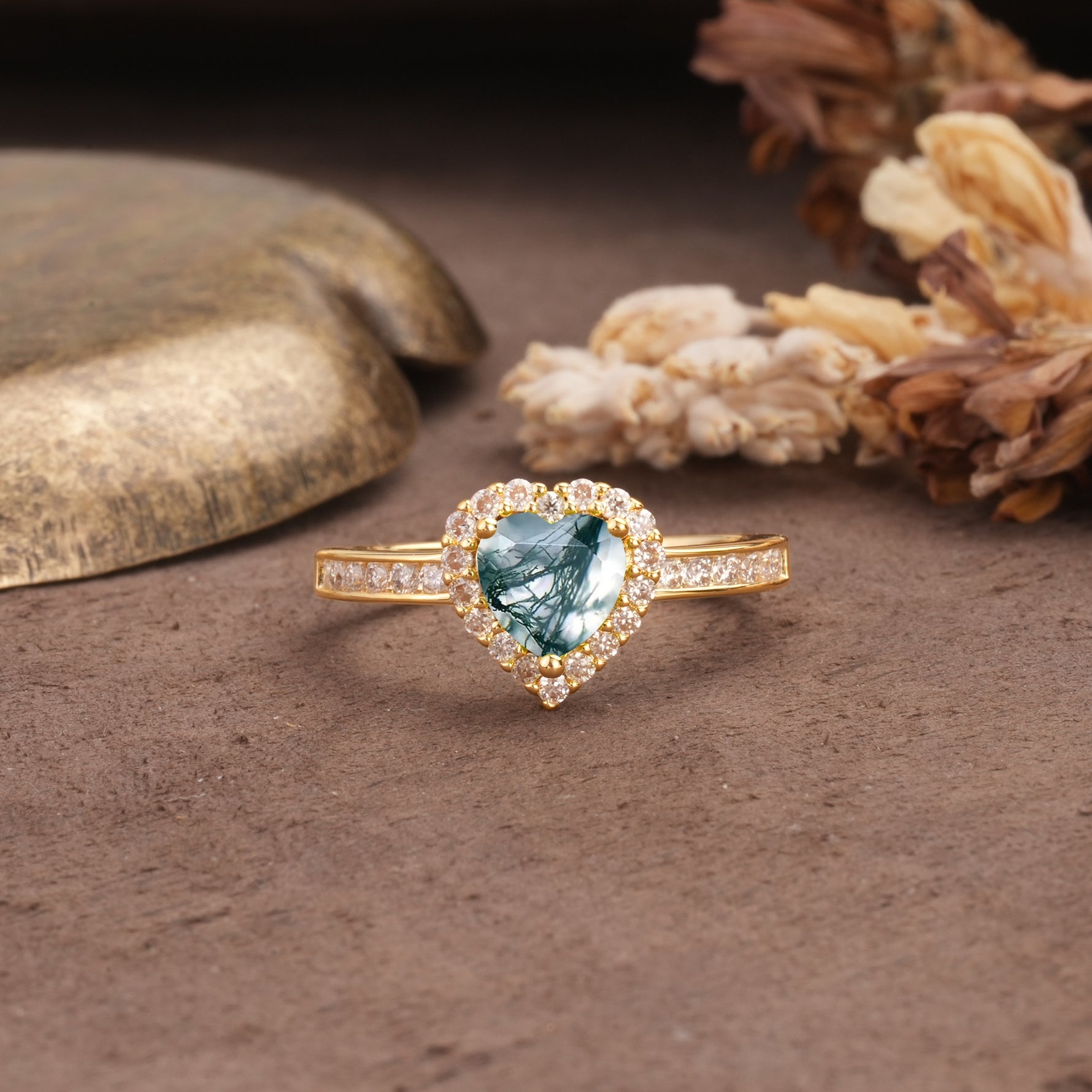 Unique and Classic 3-Prong Heart Cut Moss Agate Engagement Ring - Additional view