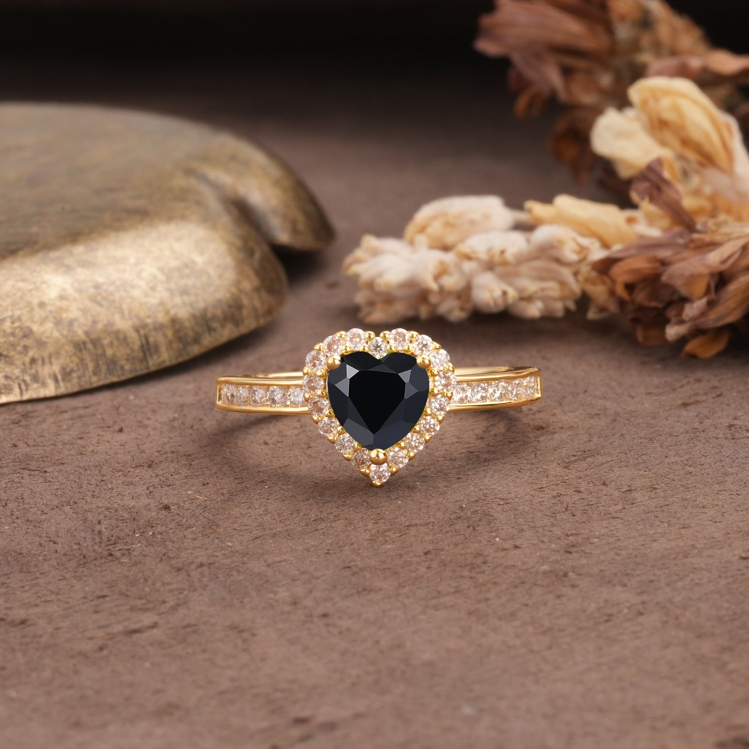 Unique and Classic 3-Prong Heart Cut Black Onyx Engagement Ring - Additional view