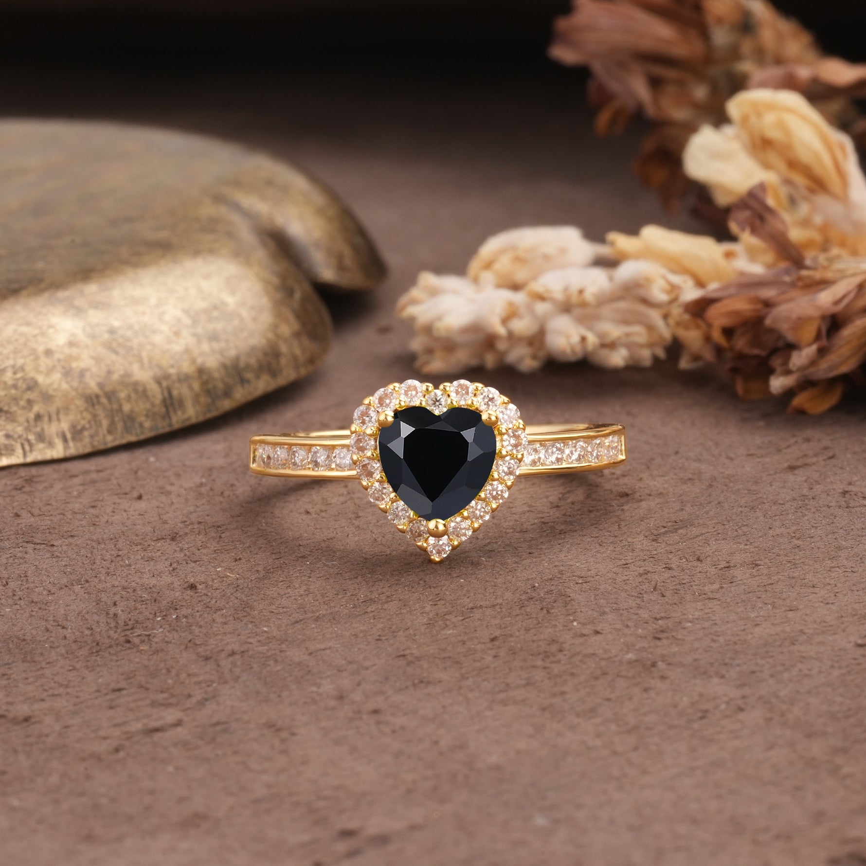 Unique and Classic 3-Prong Heart Cut Black Onyx Engagement Ring - Additional view