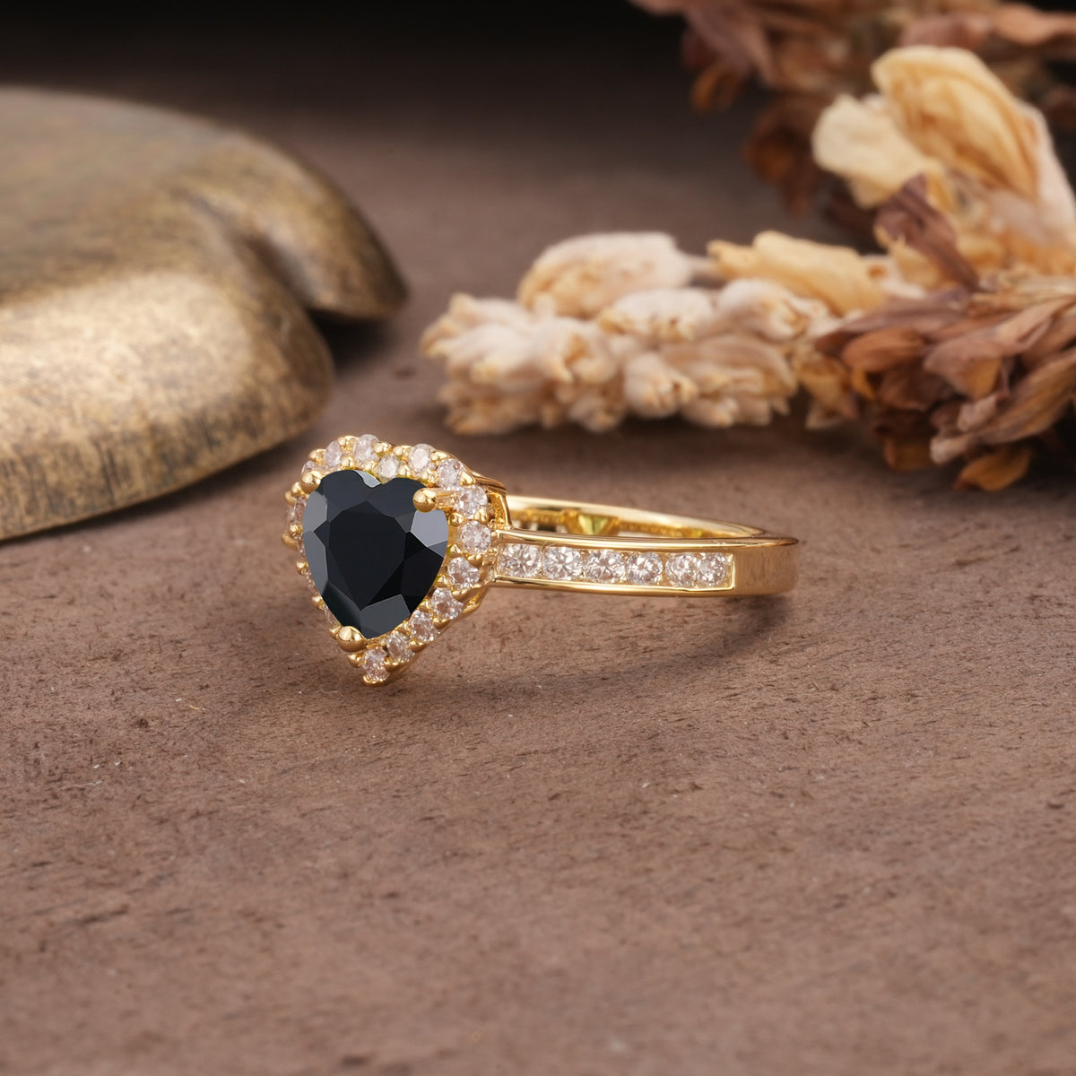 Unique and Classic 3-Prong Heart Cut Black Onyx Engagement Ring - Additional view