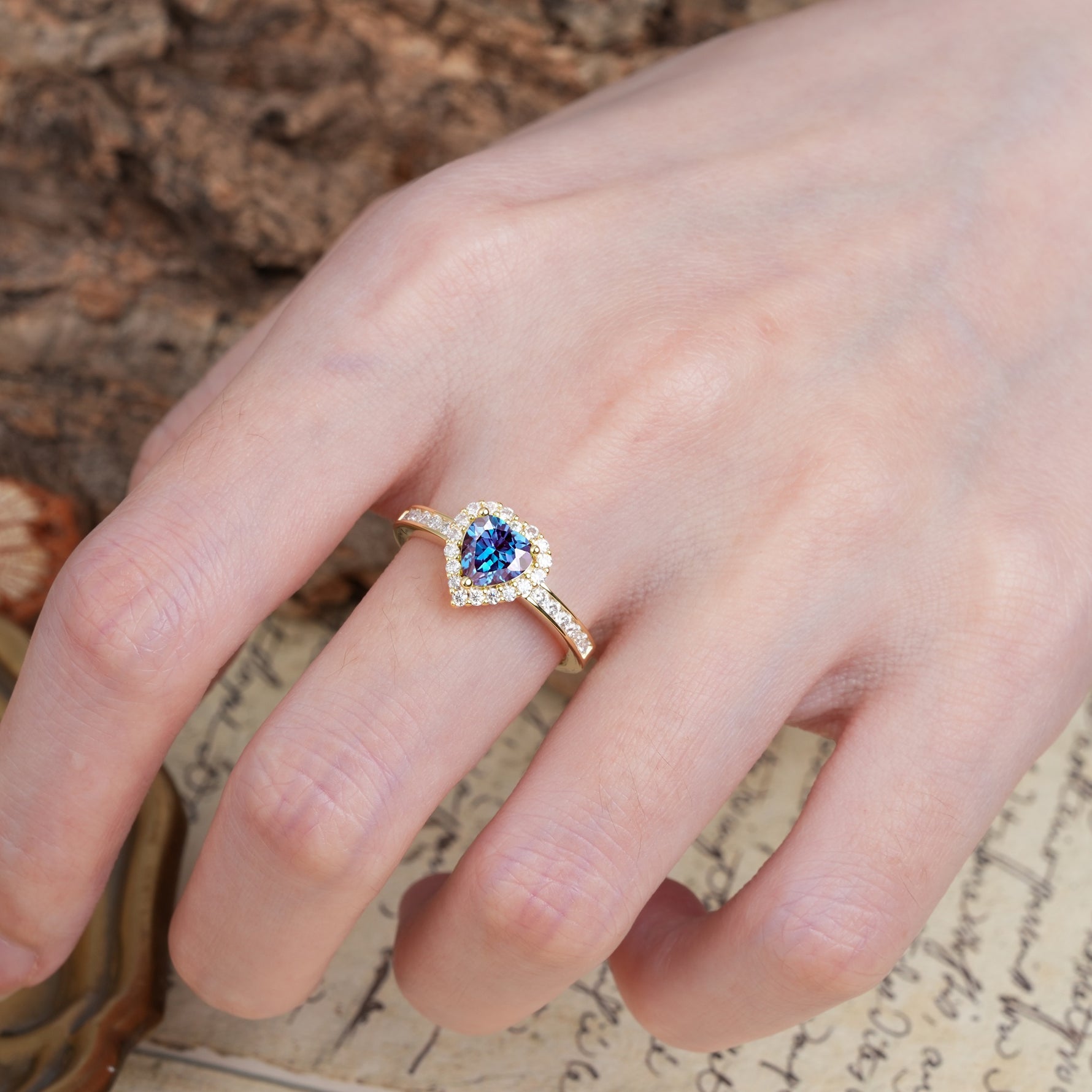 Unique and Classic 3-Prong Heart Cut Alexandrite Engagement Ring - Additional view