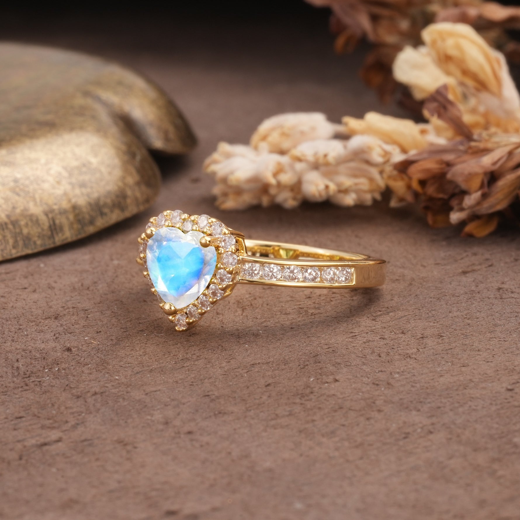 Unique and Classic 3-Prong Heart Cut Moonstone Engagement Ring - Additional view