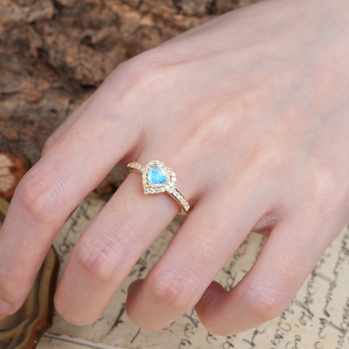Unique and Classic 3-Prong Heart Cut Moonstone Engagement Ring - Additional view