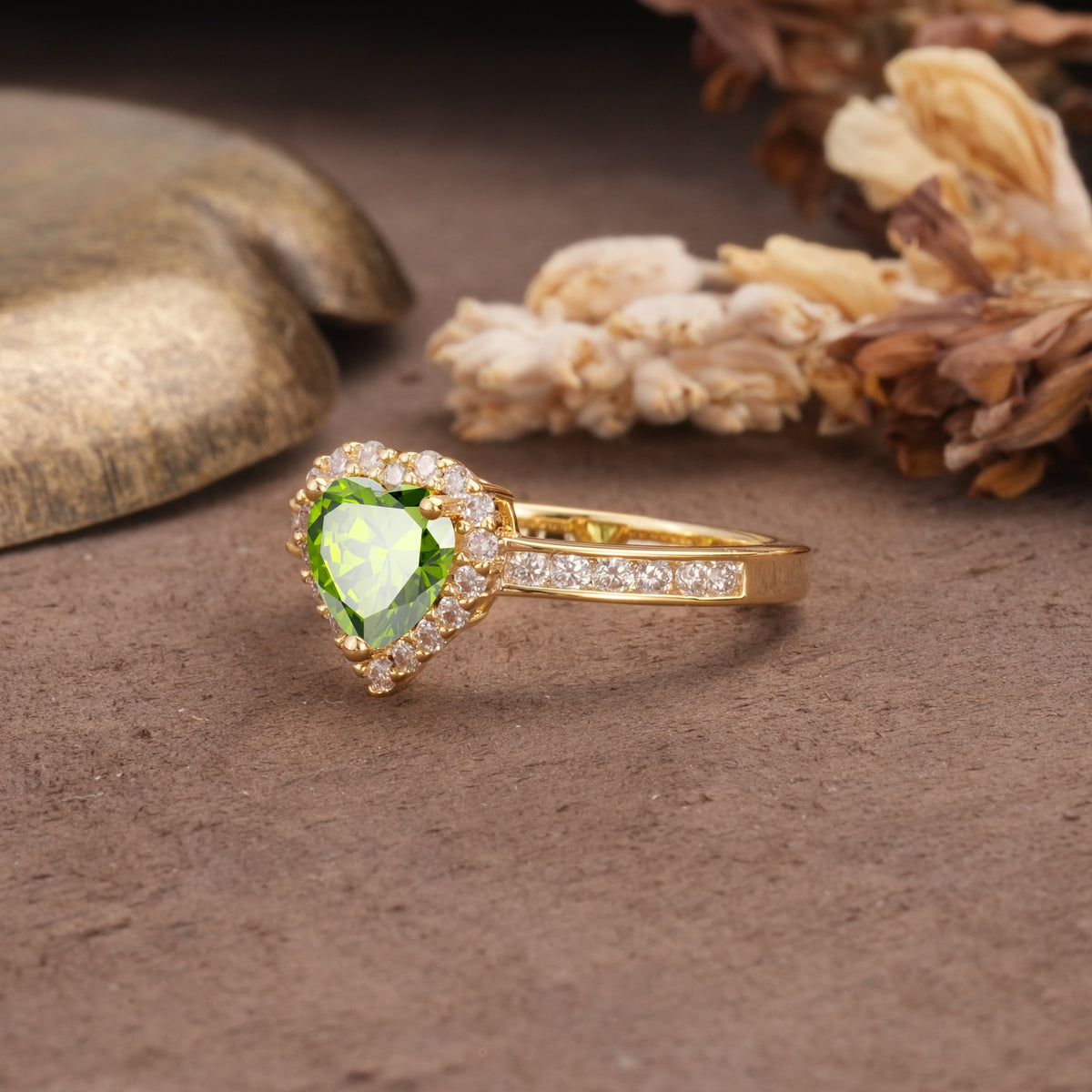 Unique and Classic 3-Prong Heart Cut Peridot Engagement Ring - Additional view