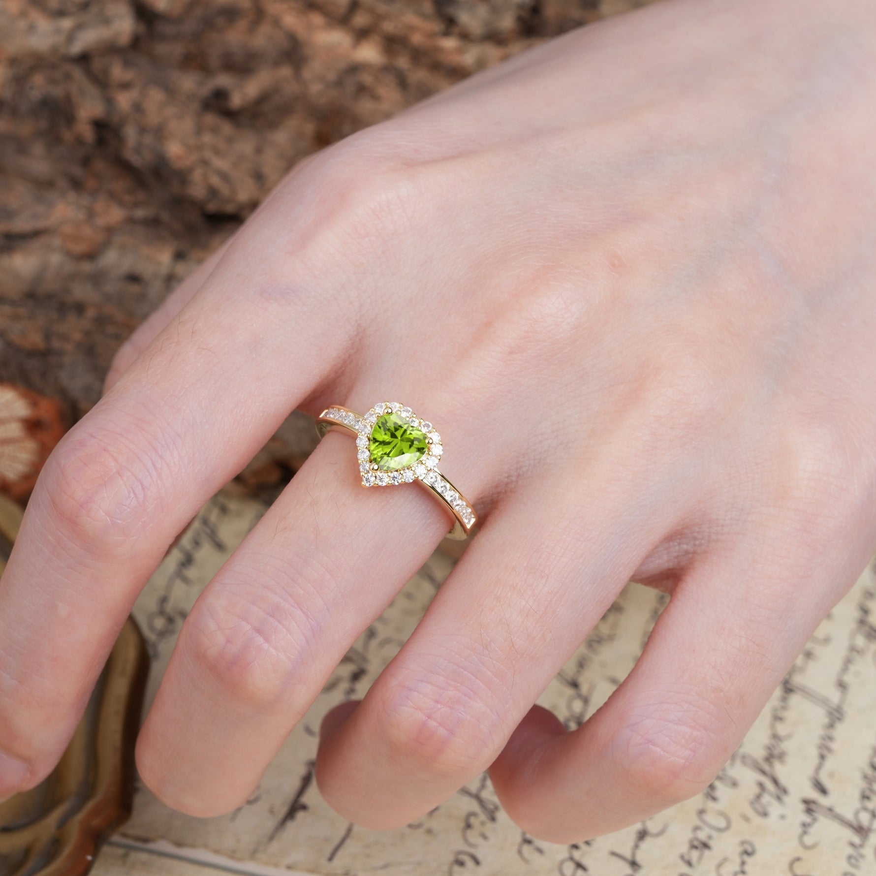 Unique and Classic 3-Prong Heart Cut Peridot Engagement Ring - Additional view