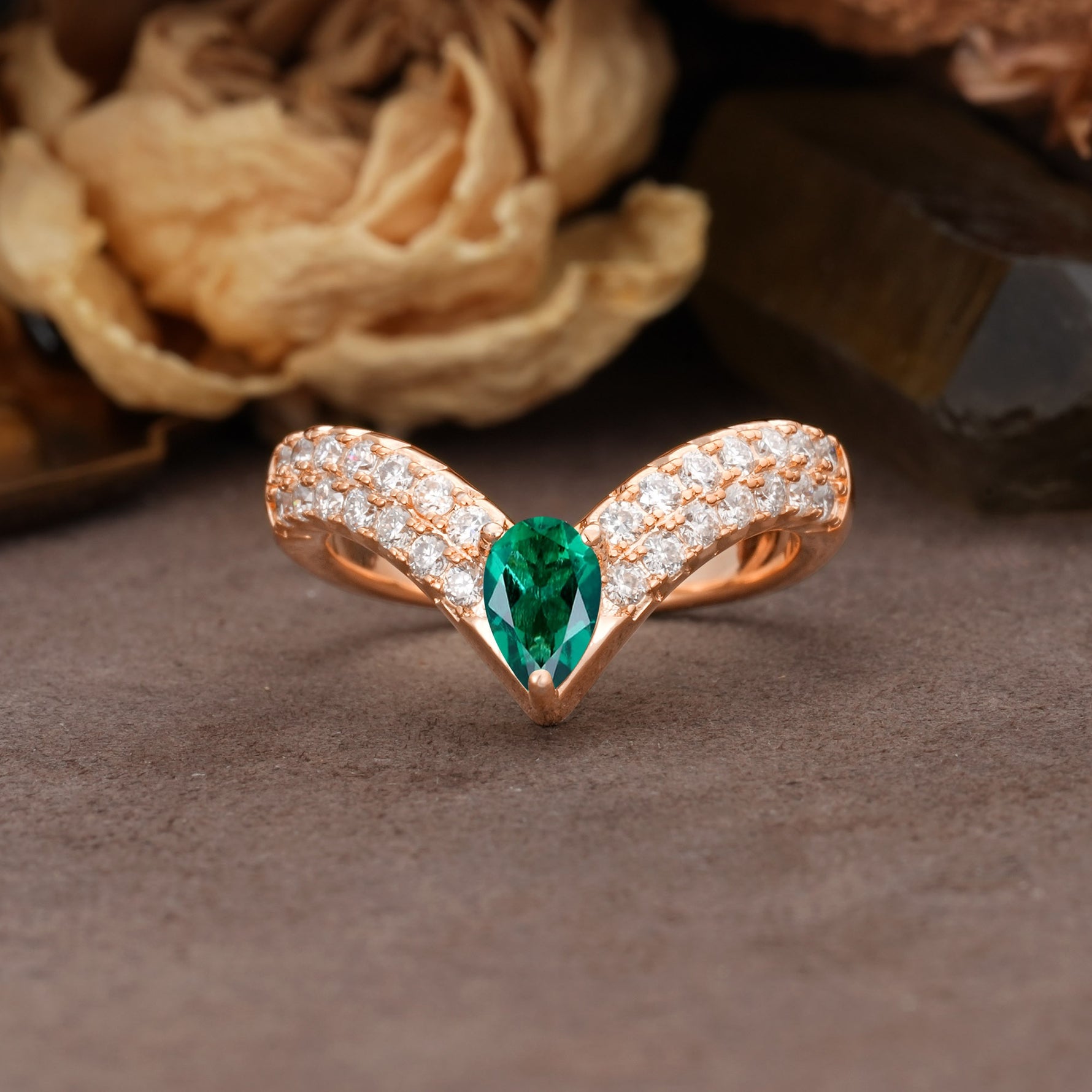 Luxurious Crown 3-Prong Pear Cut Emerald Engagement Ring - Additional view