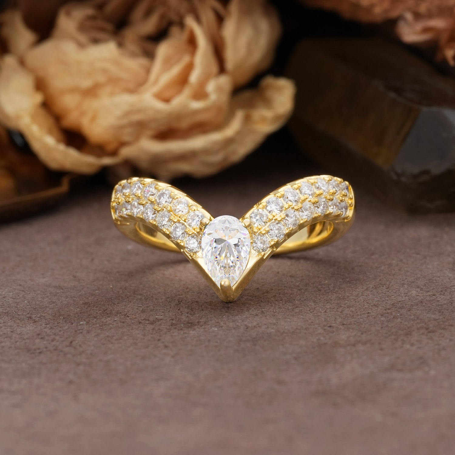 Luxurious Crown 3-Prong Pear Cut Moissanite Engagement Ring