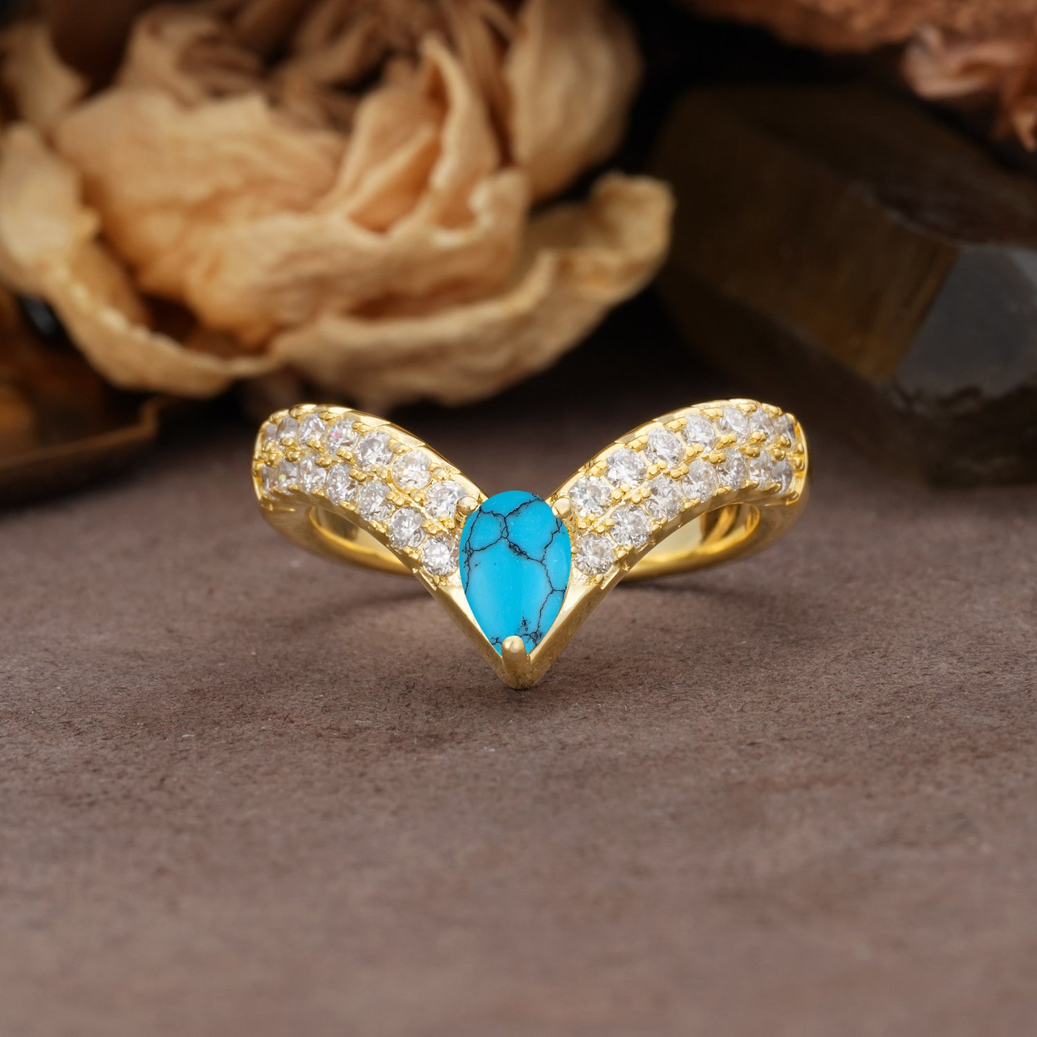 Luxurious Crown 3-Prong Pear Cut Turquoise Engagement Ring