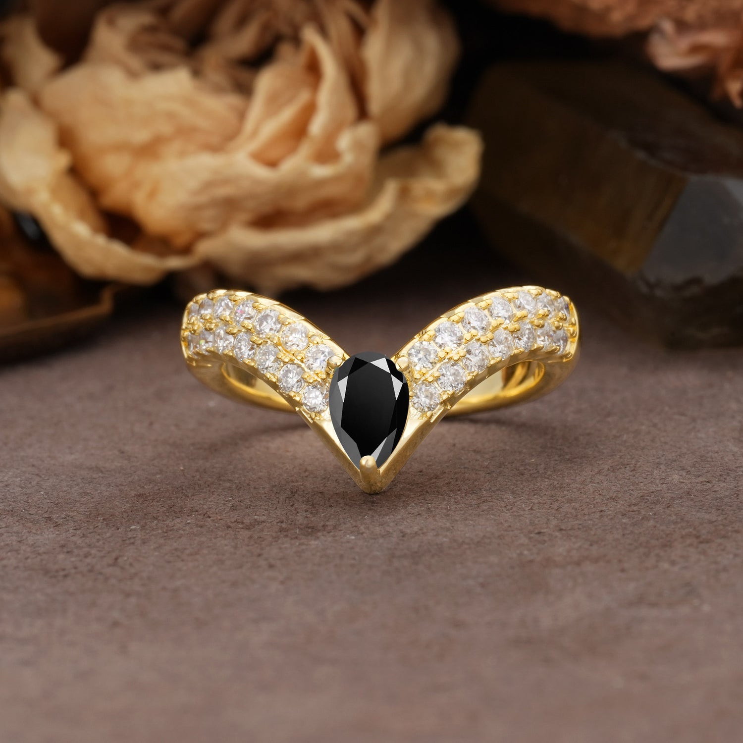 Luxurious Crown 3-Prong Pear Cut Black Onyx Engagement Ring