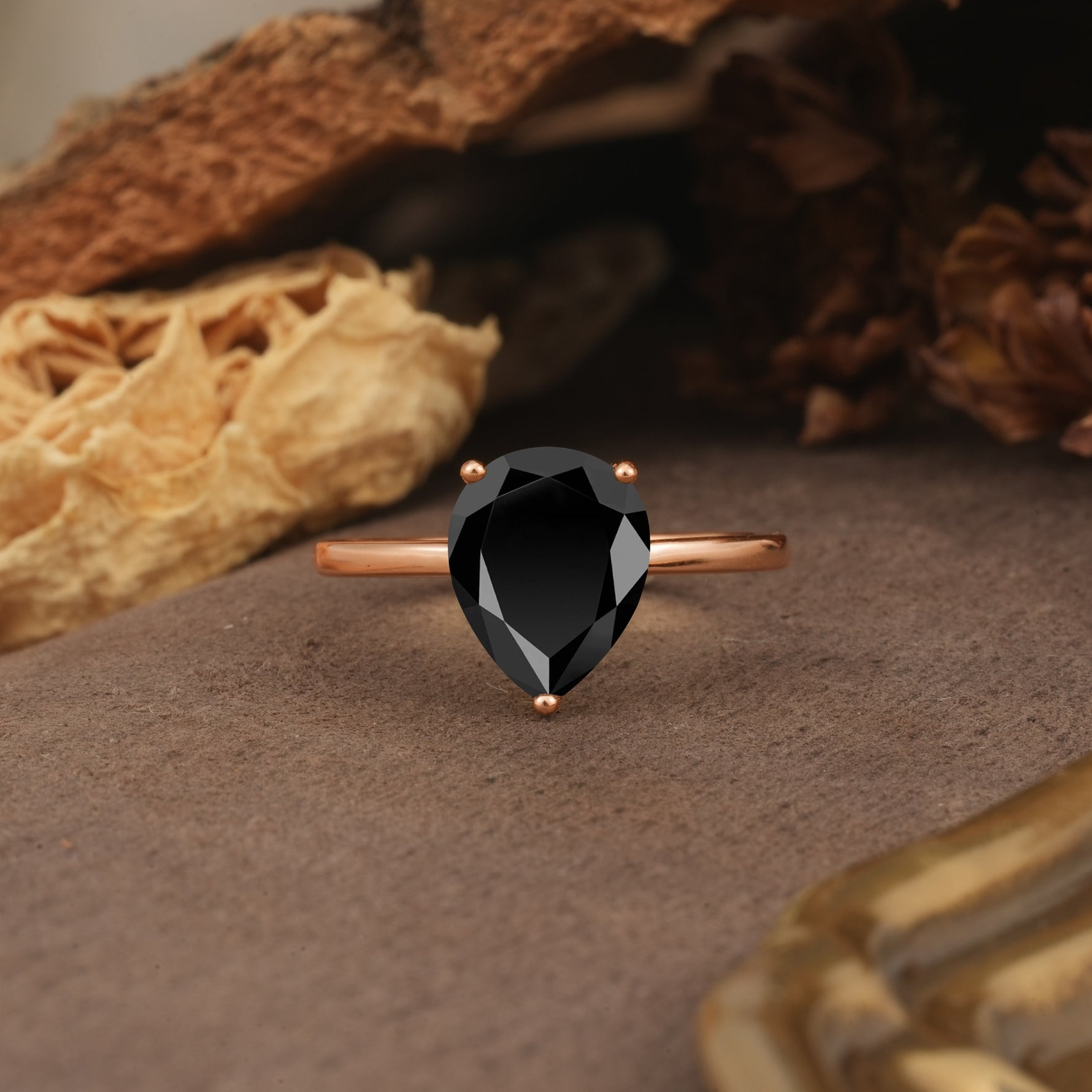Unique, Classic, and Minimalist 3-Prong Pear Cut Black Onyx Engagement Ring - Additional view