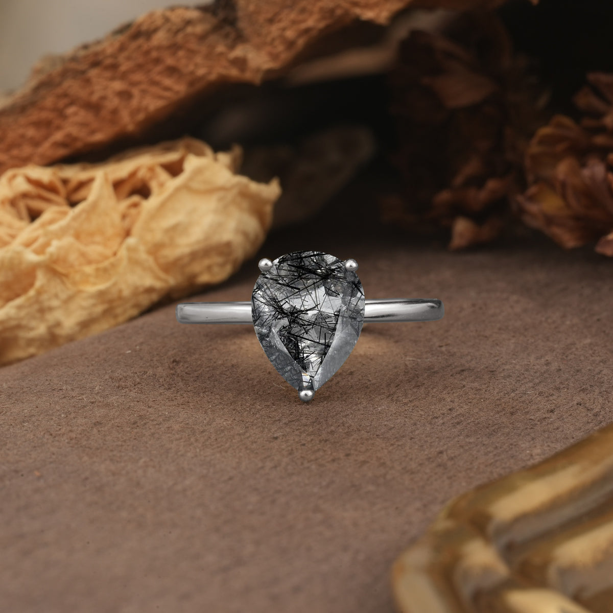 Unique, Classic, and Minimalist 3-Prong Pear Cut Black Rutilated Quartz Engagement Ring - Additional view
