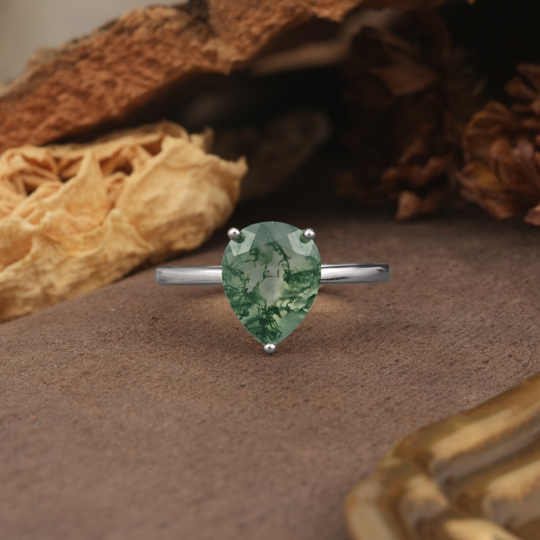 Unique, Classic, and Minimalist 3-Prong Pear Cut Moss Agate Engagement Ring - Additional view