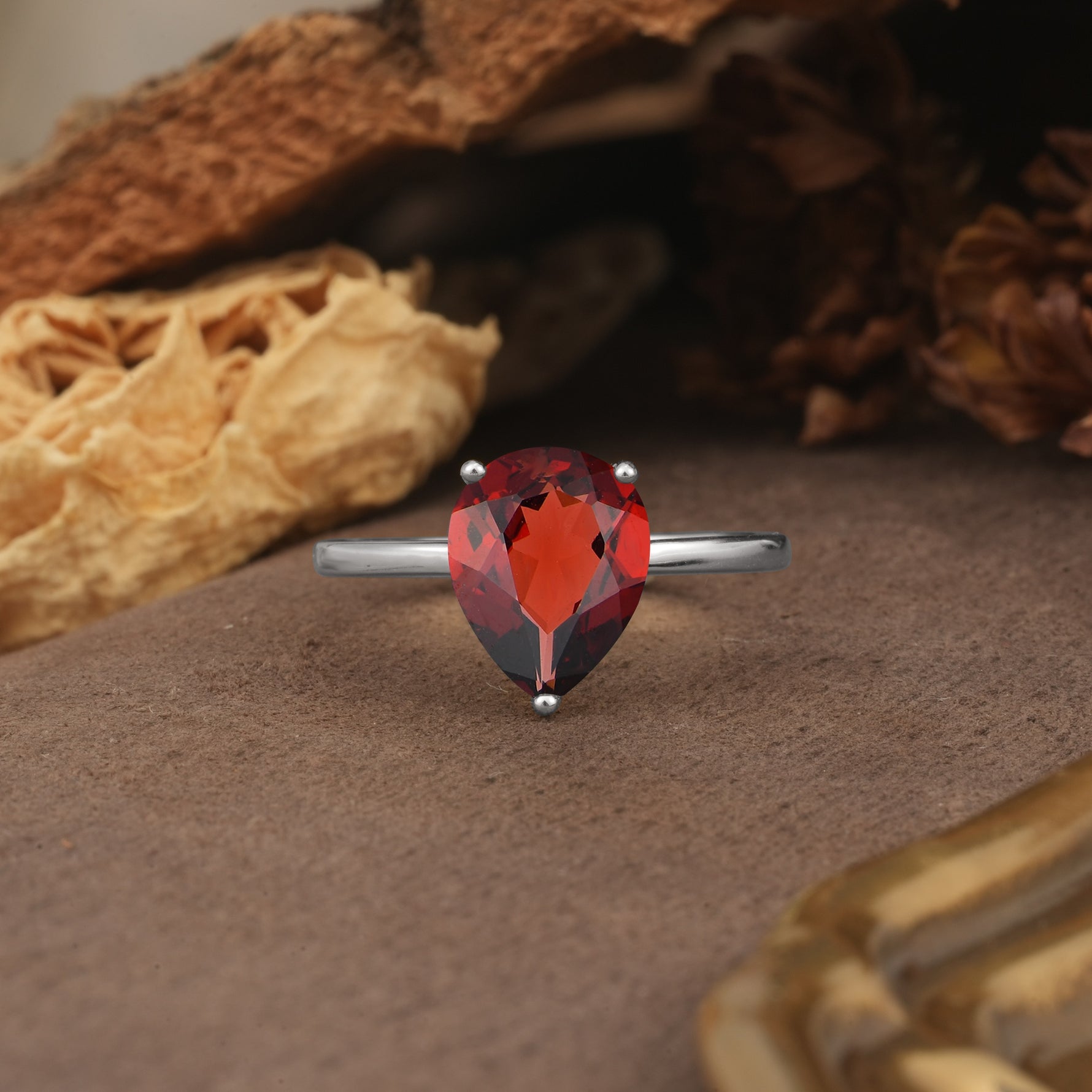 Unique, Classic, and Minimalist 3-Prong Pear Cut Garnet Engagement Ring - Additional view
