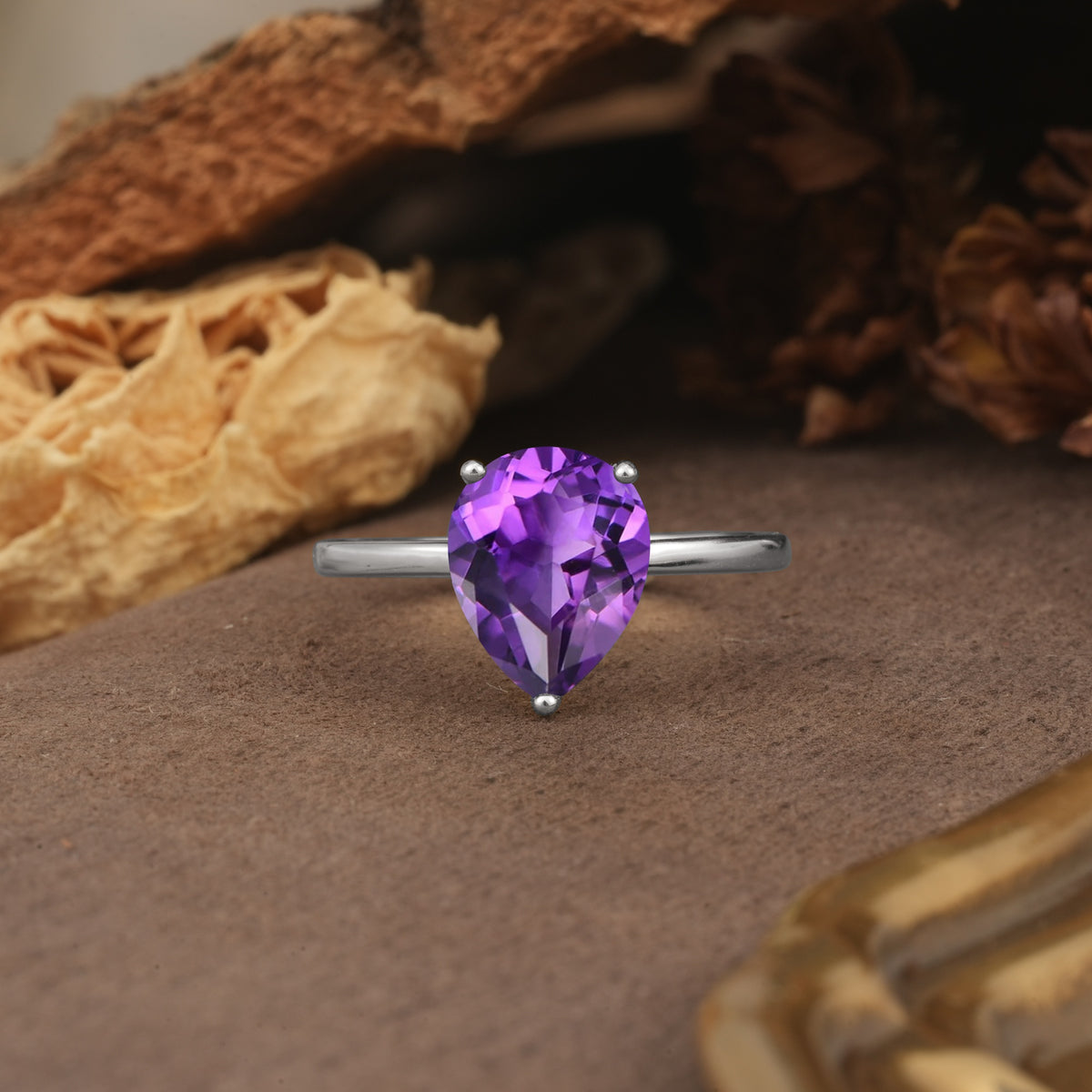 Unique, Classic, and Minimalist 3-Prong Pear Cut Amethyst Engagement Ring - Additional view