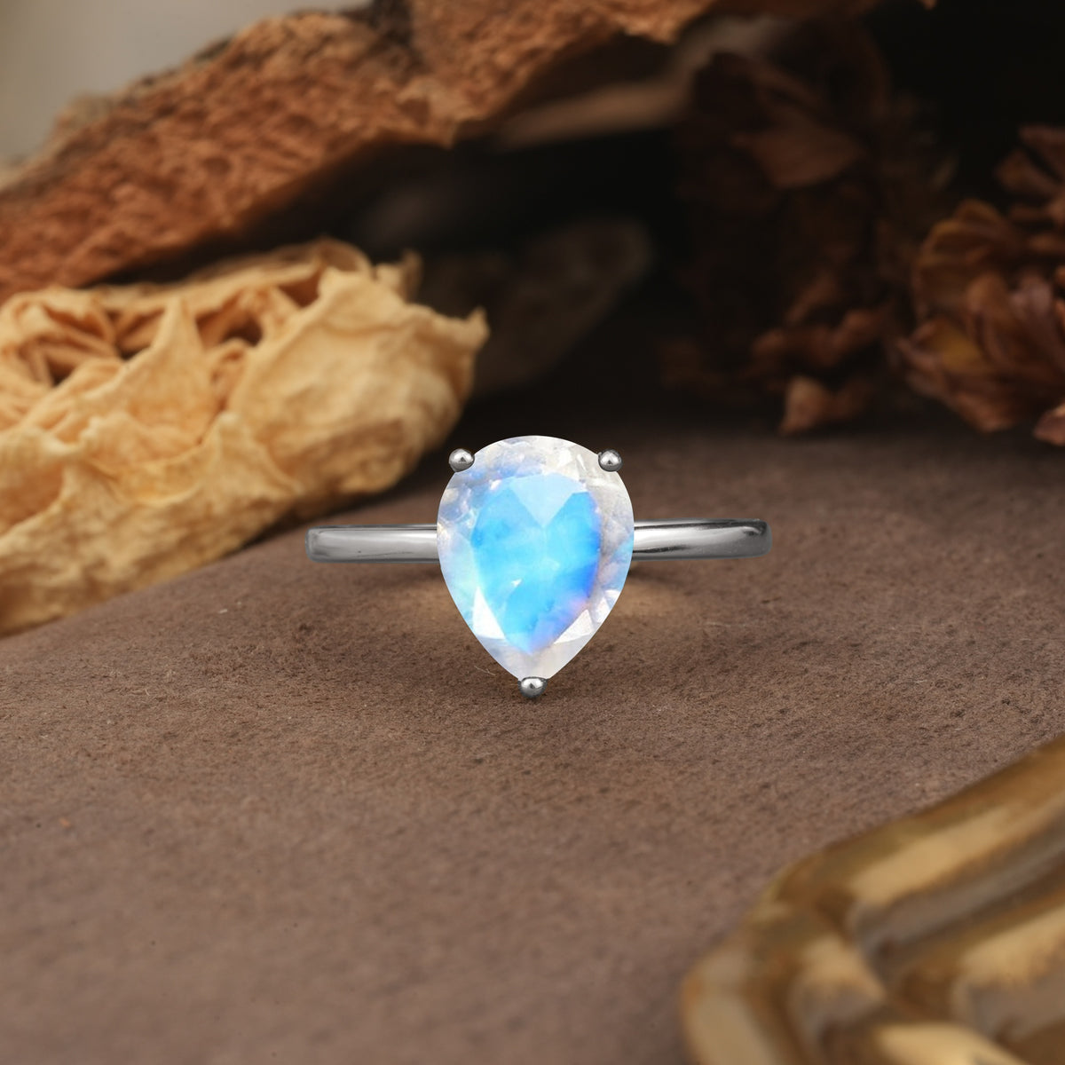 Unique, Classic, and Minimalist 3-Prong Pear Cut Moonstone Engagement Ring - Additional view