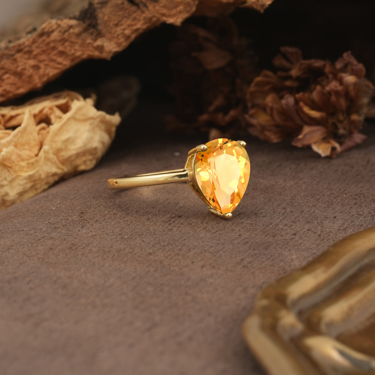 Unique, Classic, and Minimalist 3-Prong Pear Cut Citrine Engagement Ring - Additional view