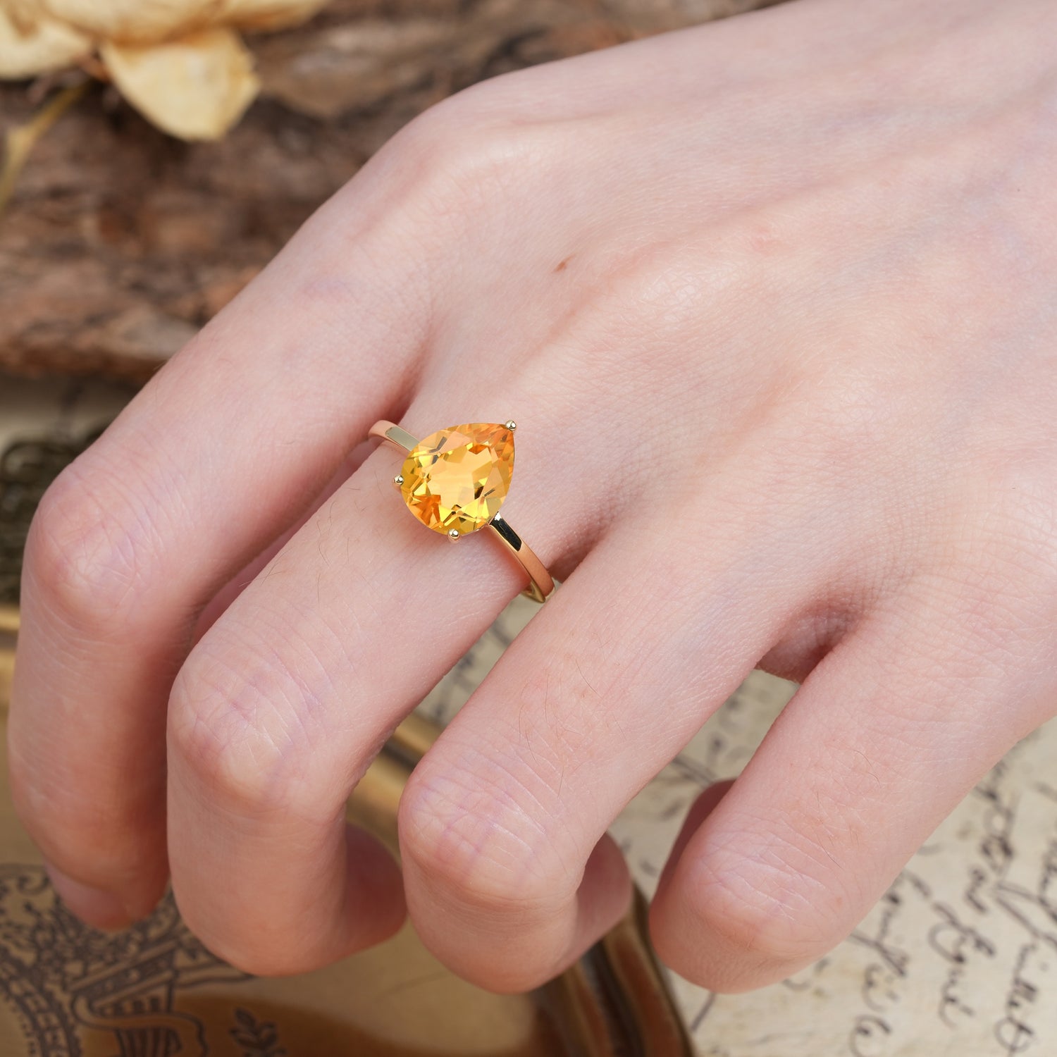 Unique, Classic, and Minimalist 3-Prong Pear Cut Citrine Engagement Ring - Additional view