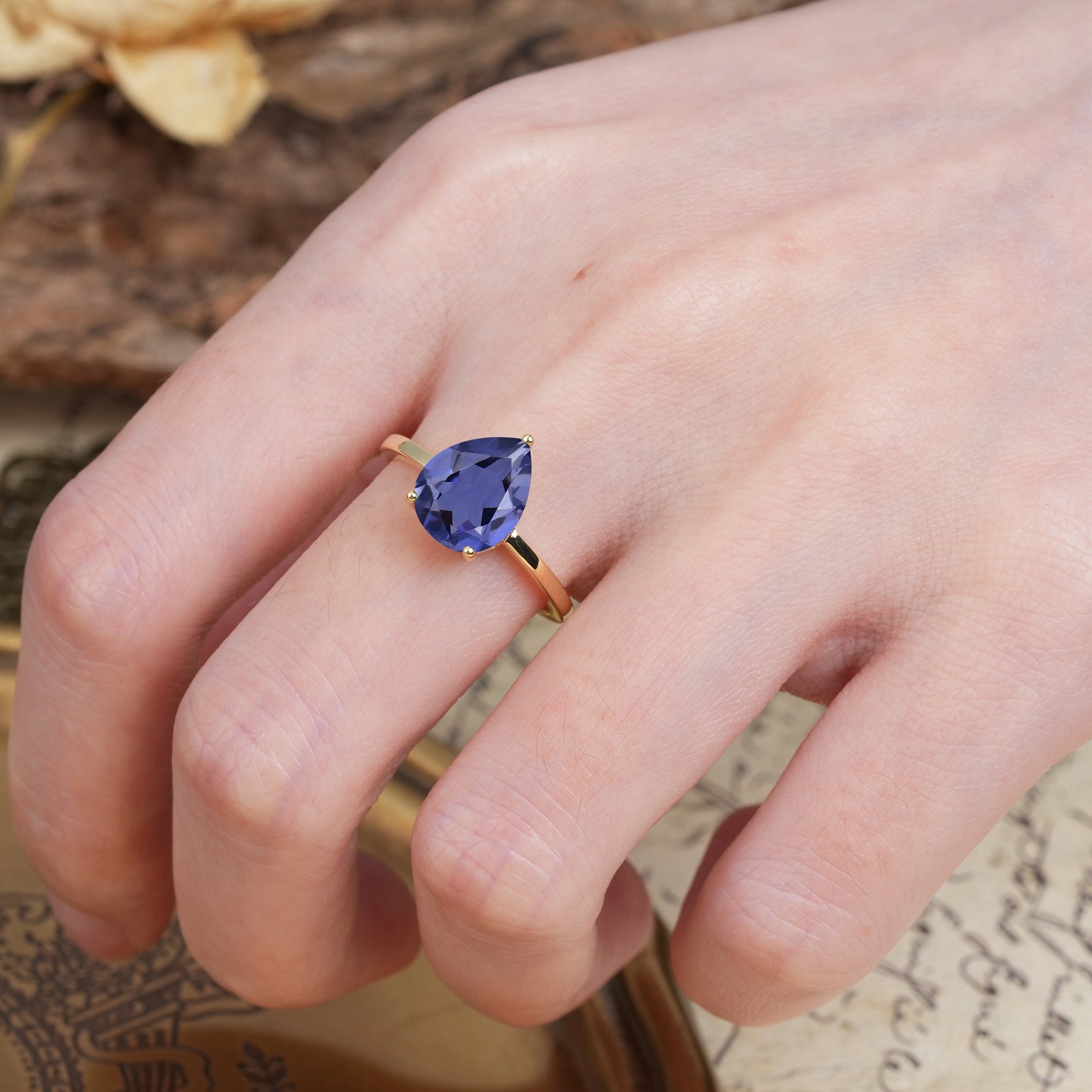 Unique, Classic, and Minimalist 3-Prong Pear Cut Tanzanite Engagement Ring - Additional view