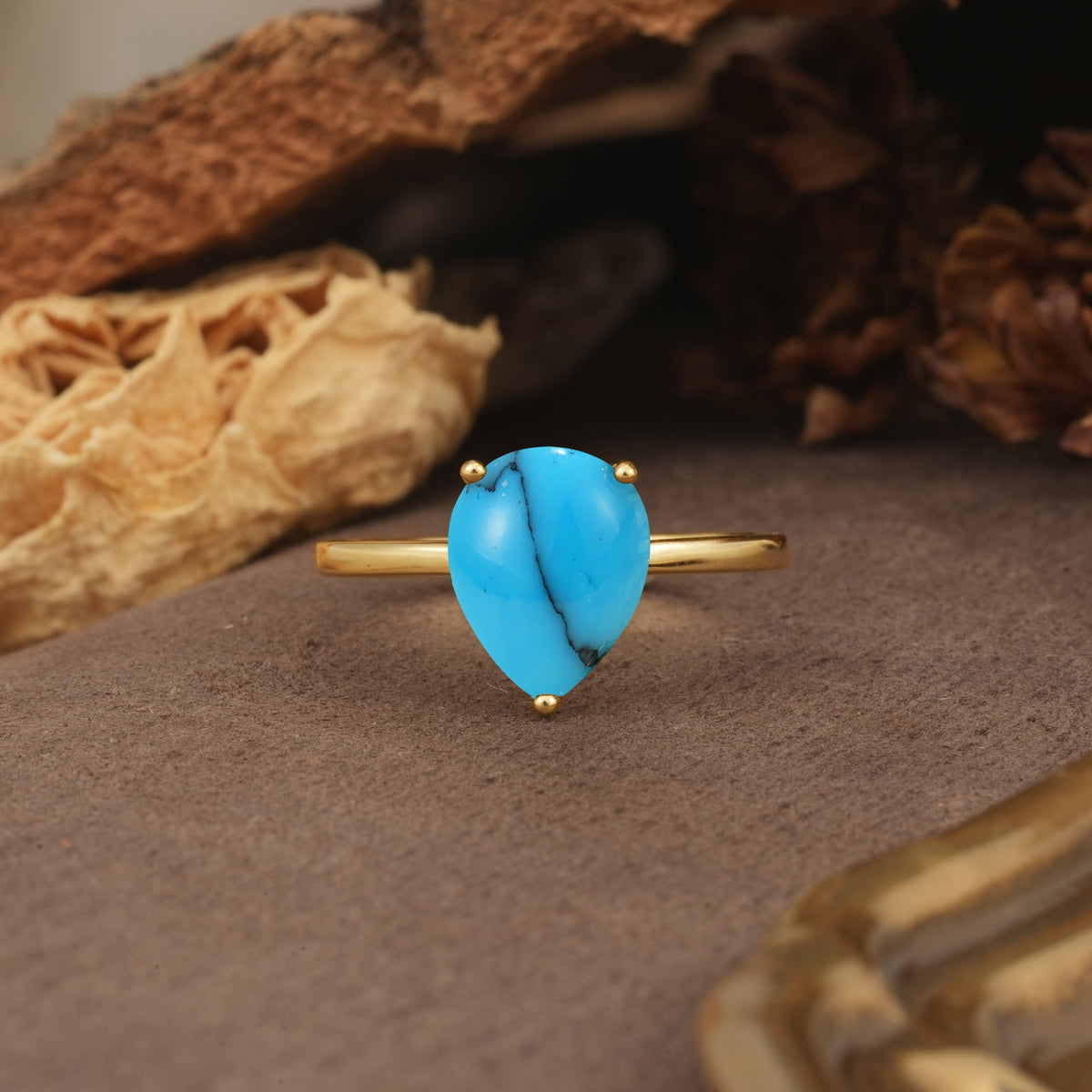 Unique, Classic, and Minimalist 3-Prong Pear Cut Turquoise Engagement Ring - Additional view